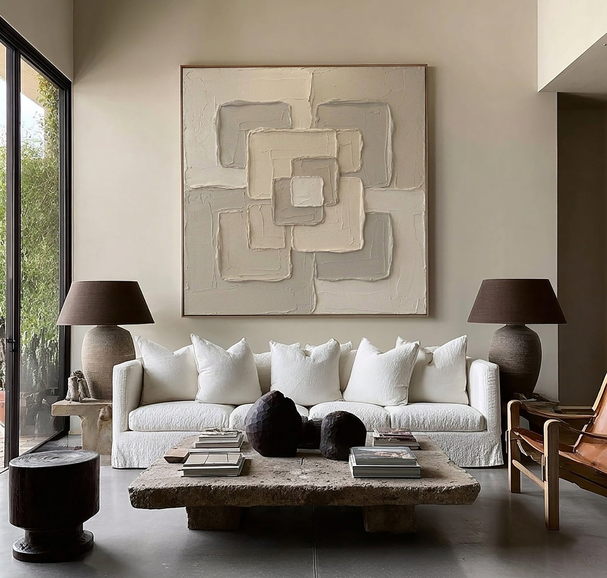 Large Geometric Framework Wall Art Contemporary Neutral Textured Canvas Painting