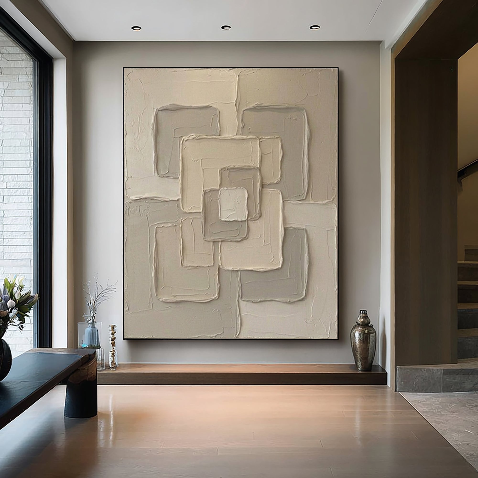 Large Beige Relief Canvas Art Contemporary Geometric Wall Decor