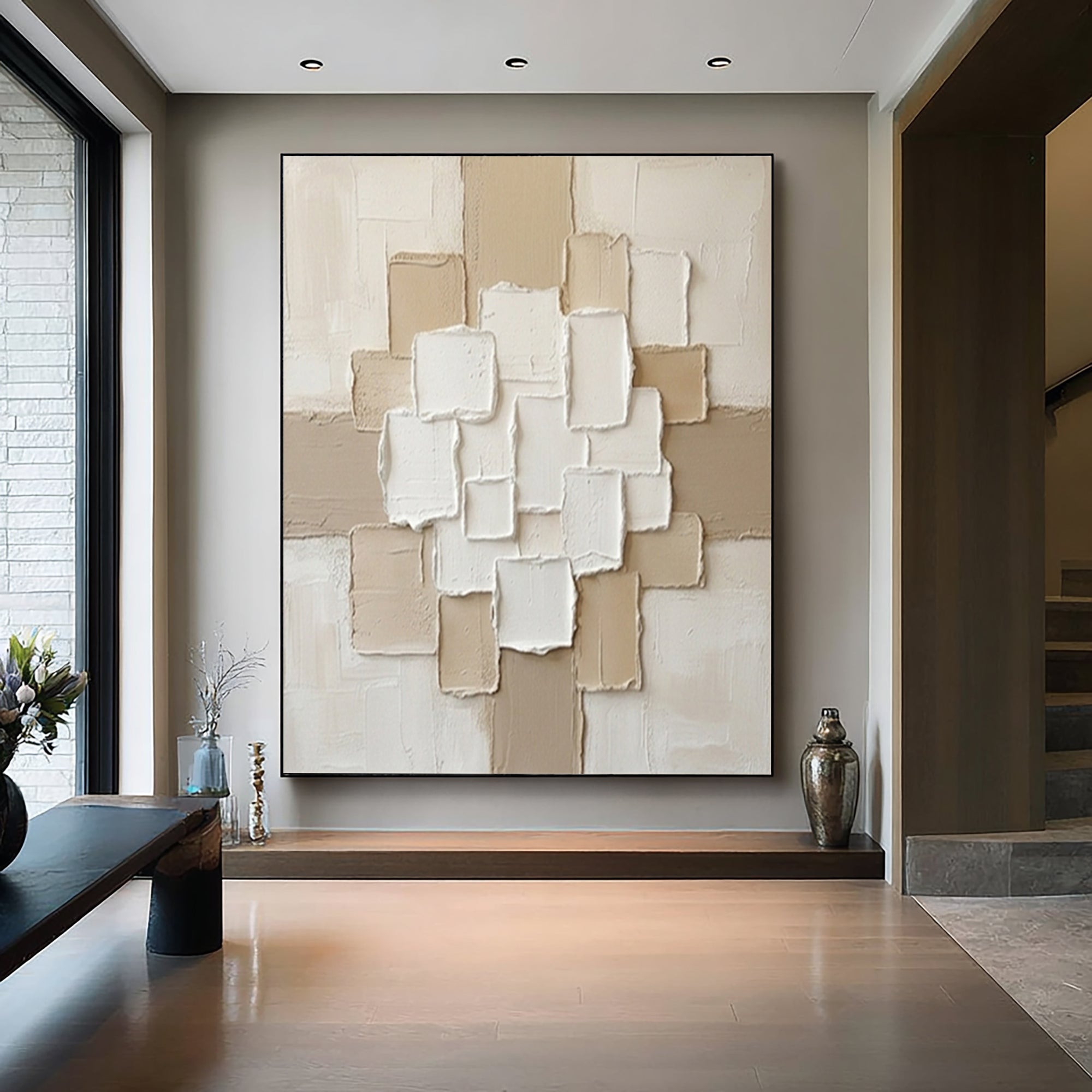 Large Luxury Neutral Textured Canvas Art Beige Geometric Wall Decor