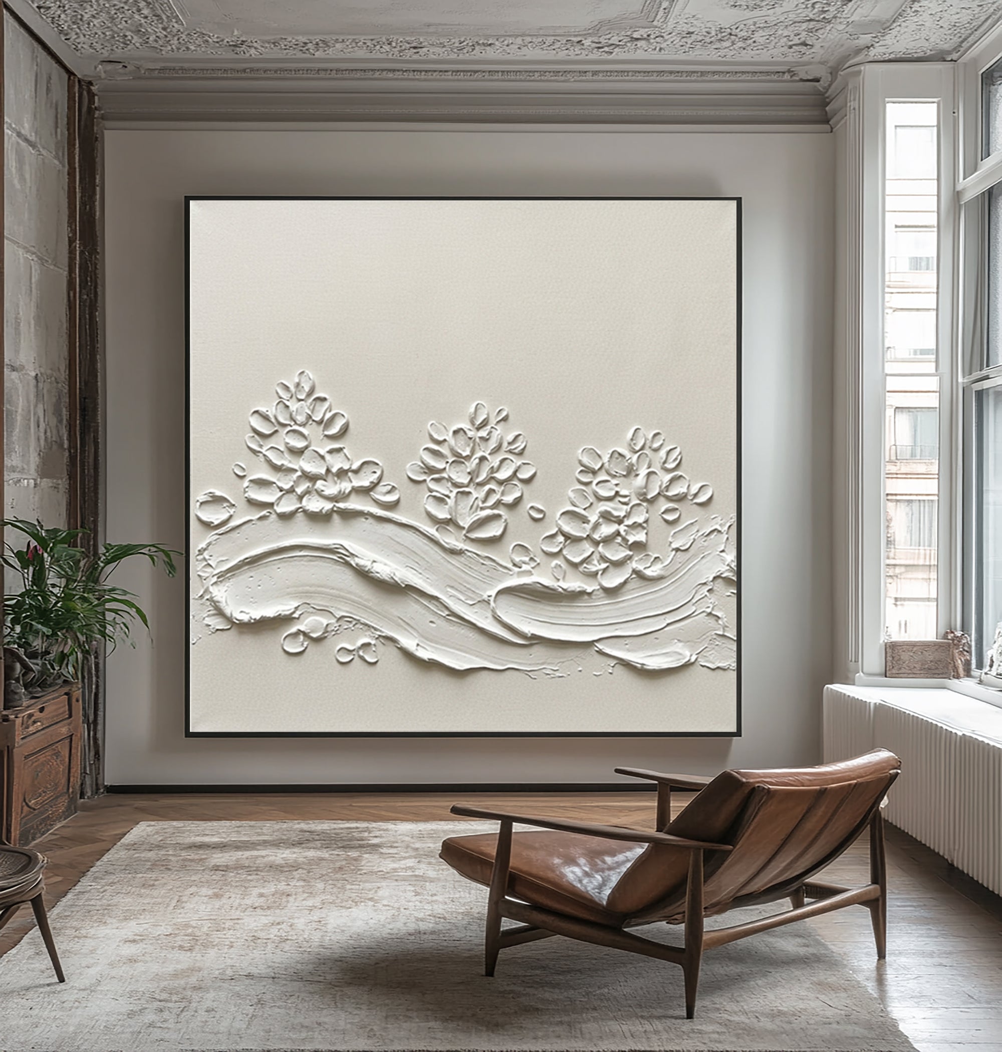 Luxury Floral Relief Wall Art Large Neutral Textured Canvas Painting
