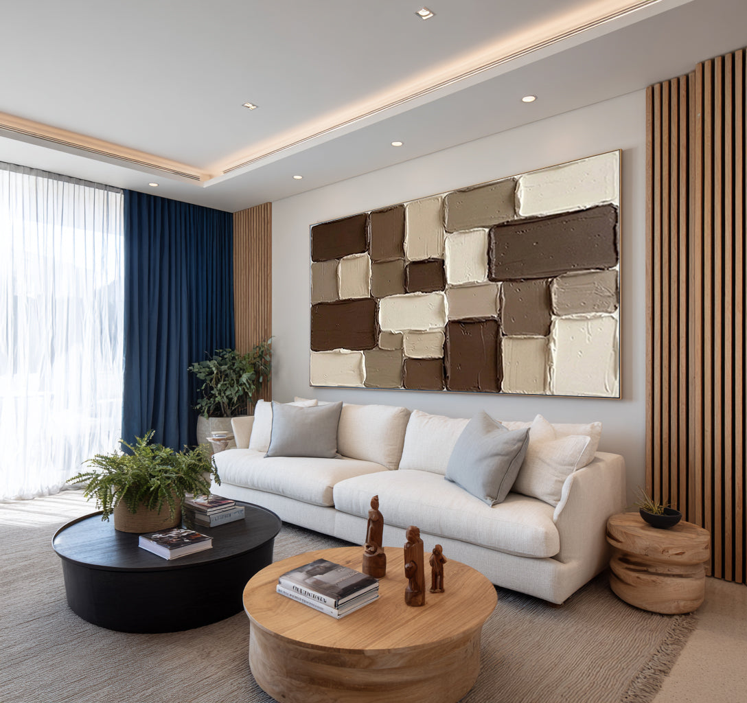 Large Modern Textured Wall Art Brown Beige Geometric Painting