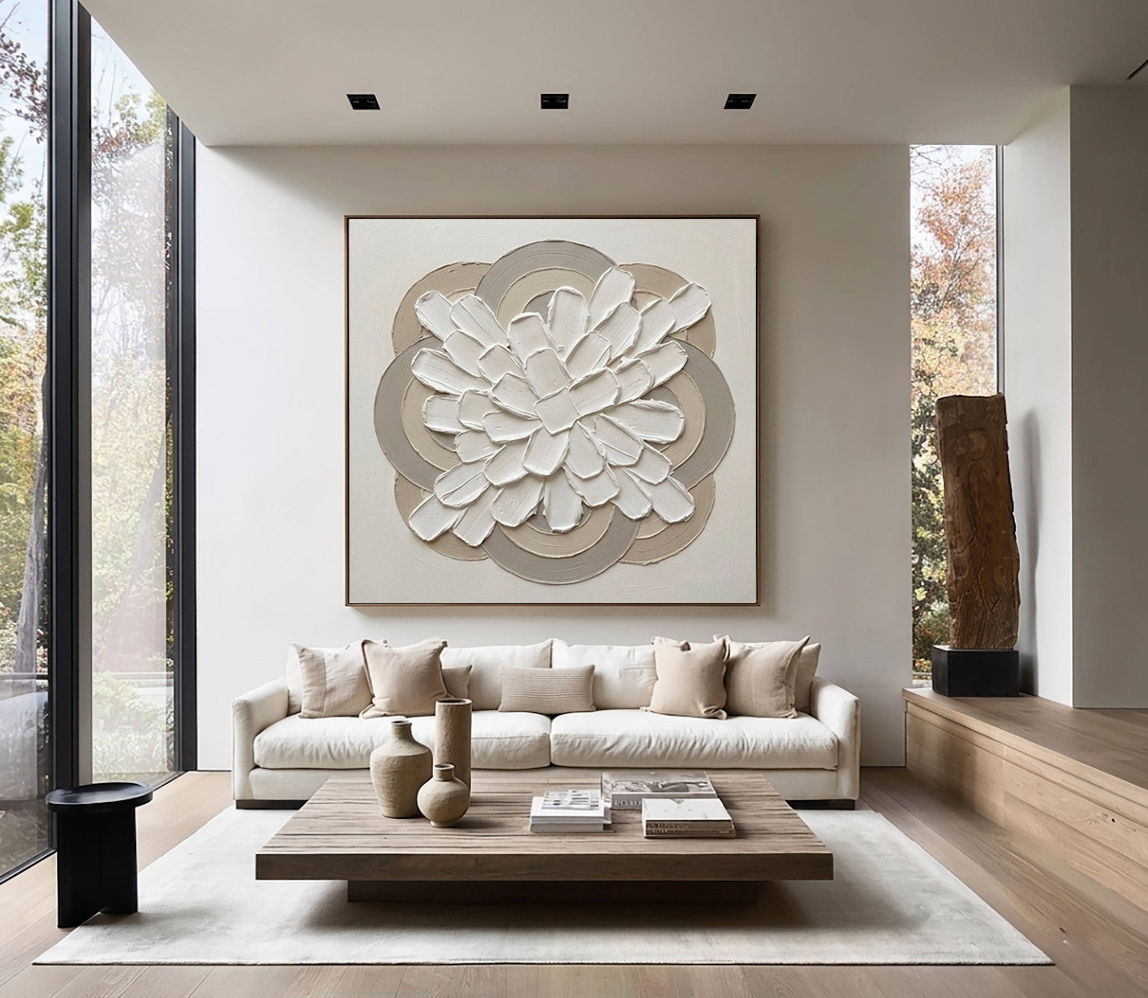 Large Gallery Bloom Circle Wall Art Luxury Neutral Floral Relief Painting