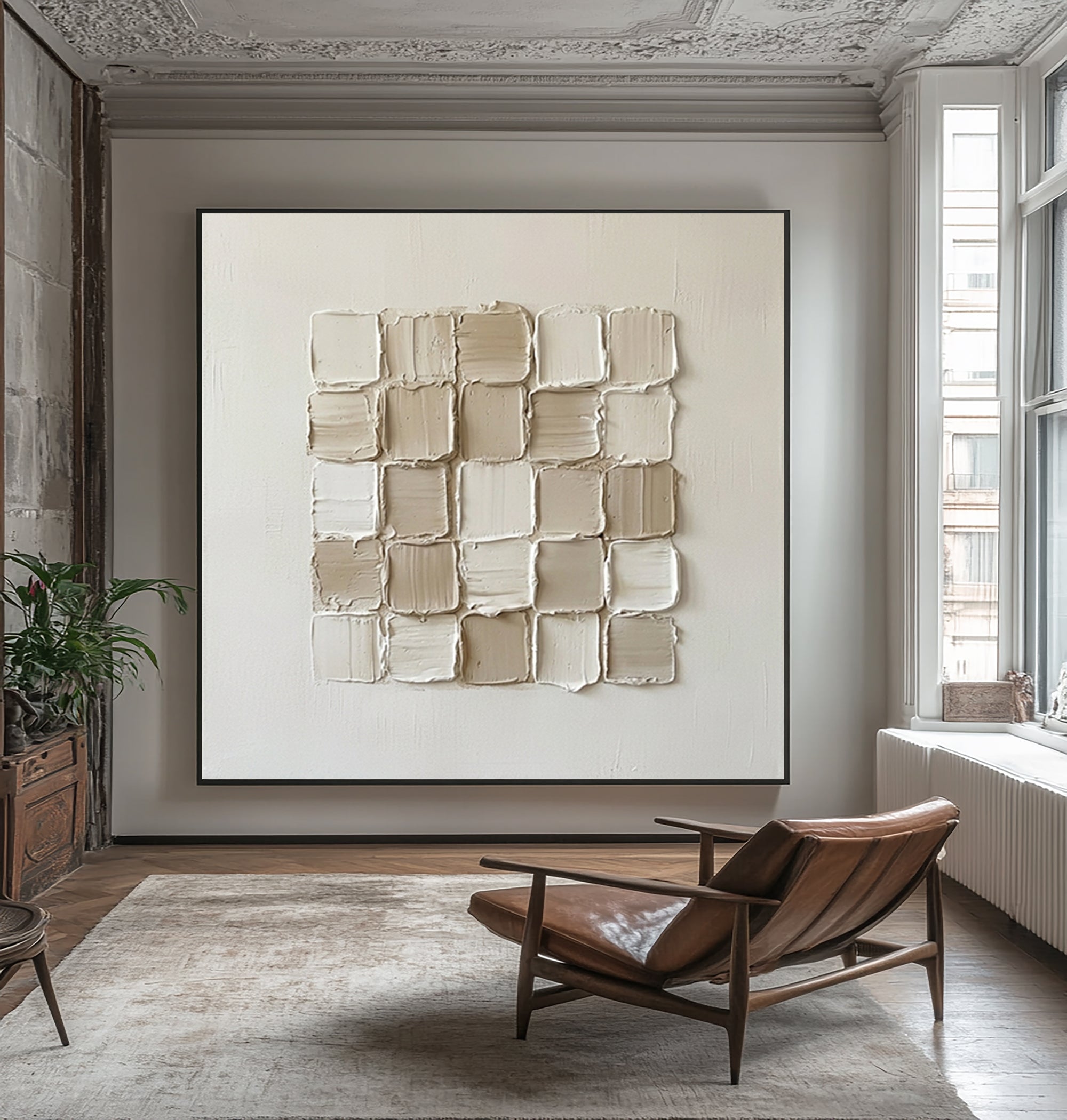 Large Modern Textured Squares Wall Art Neutral Hand Painted Canvas Painting