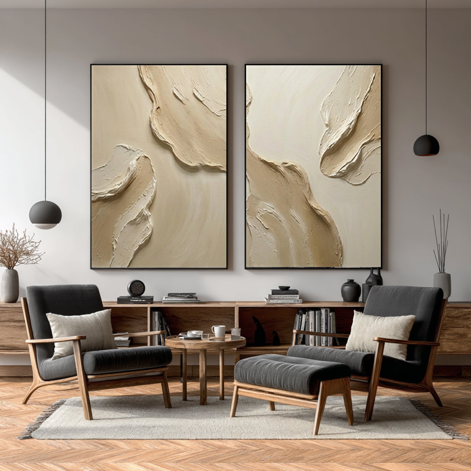 Large Textured Wall Art for Living Room Neutral Diptych Canvas Set