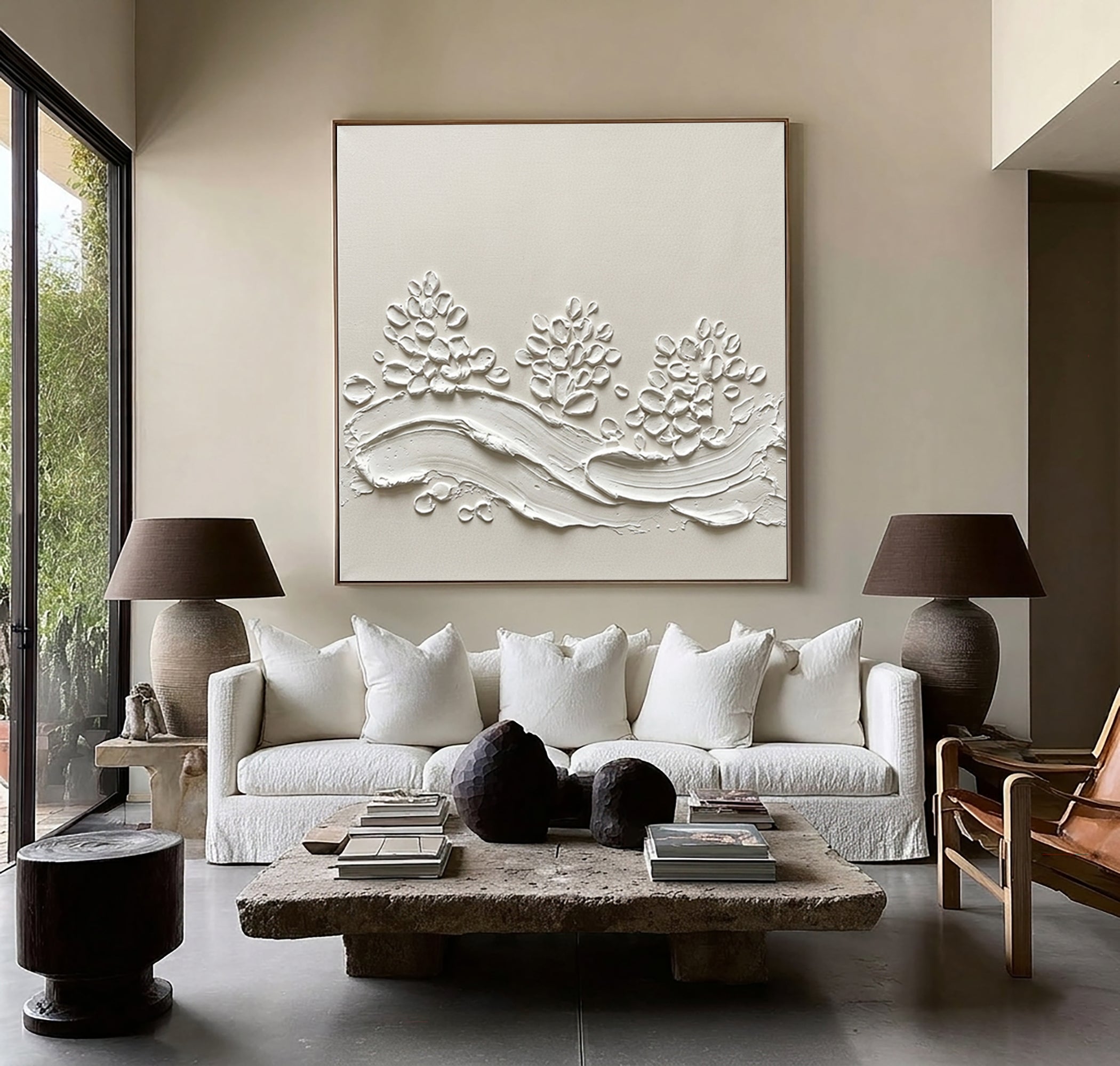 Luxury Floral Relief Wall Art Large Neutral Textured Canvas Painting