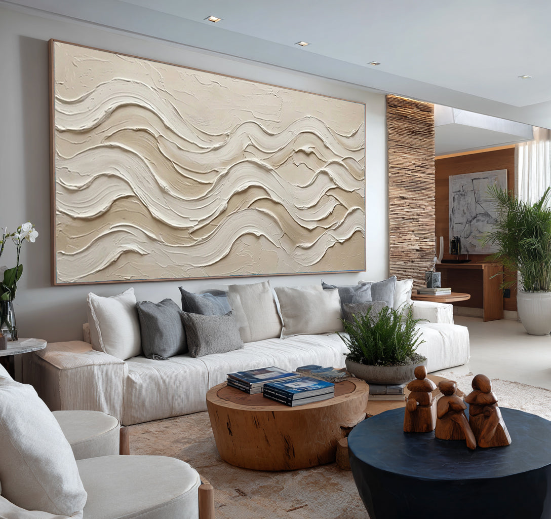 Modern Coastal Abstract Painting Textured Beige Wall Decor