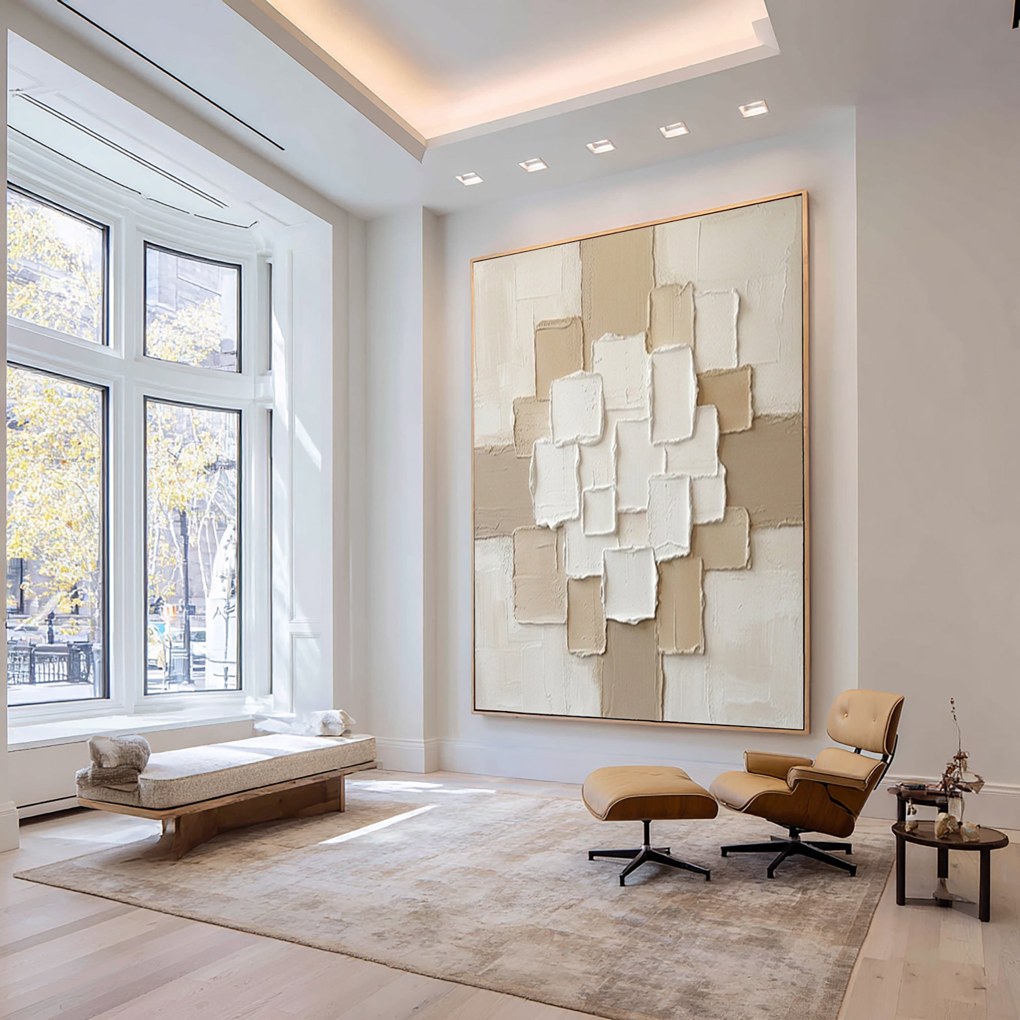 Large Luxury Neutral Textured Canvas Art Beige Geometric Wall Decor
