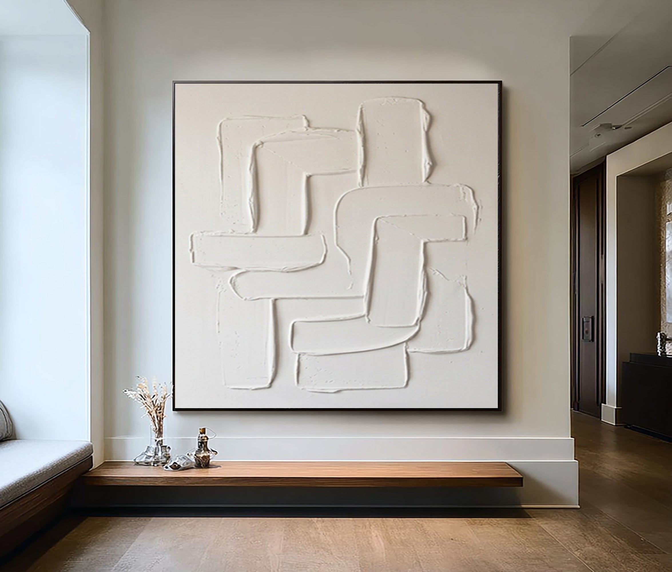 Large Neutral Sculptural Wall Art Hand Painted Curved Texture Canvas