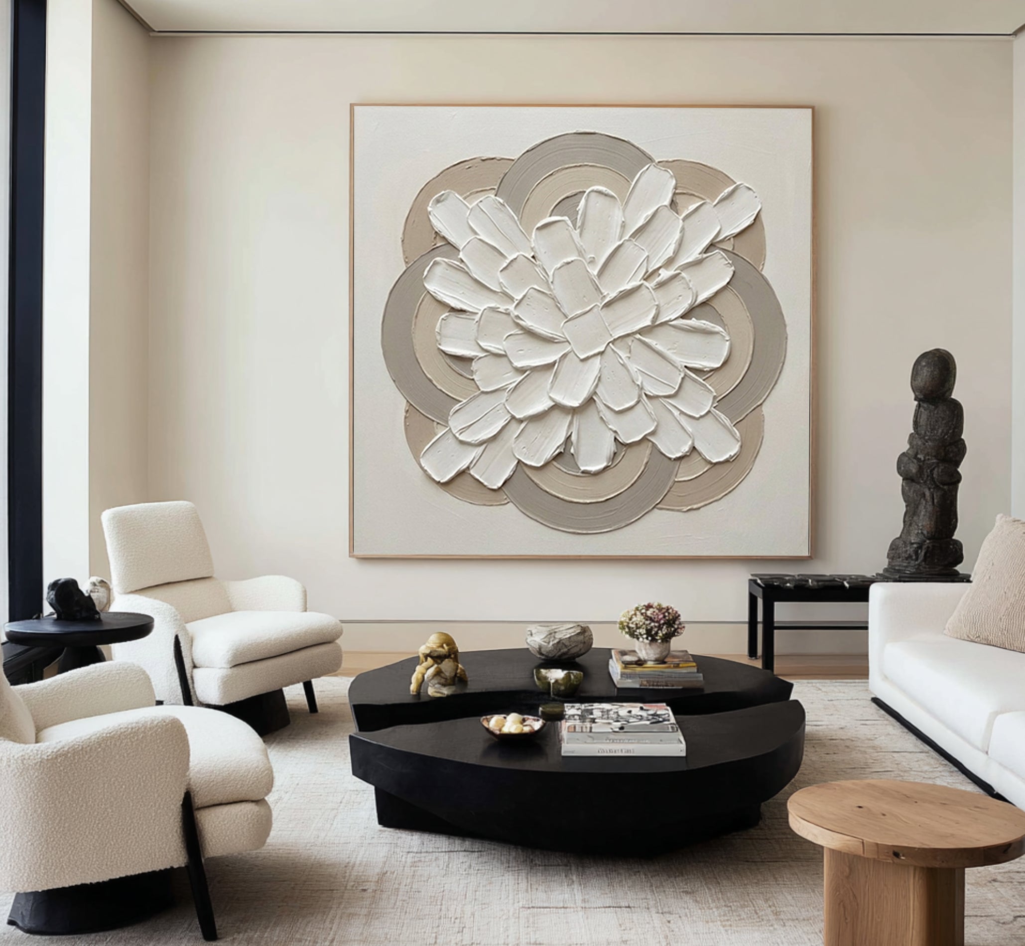 Large Gallery Bloom Circle Wall Art Luxury Neutral Floral Relief Painting