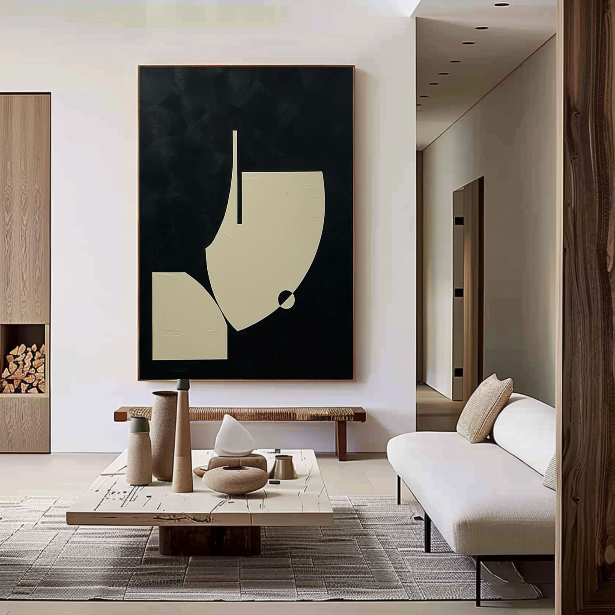 Minimalist Abstract Geometric Painting Chic Black and Beige Design #MM057