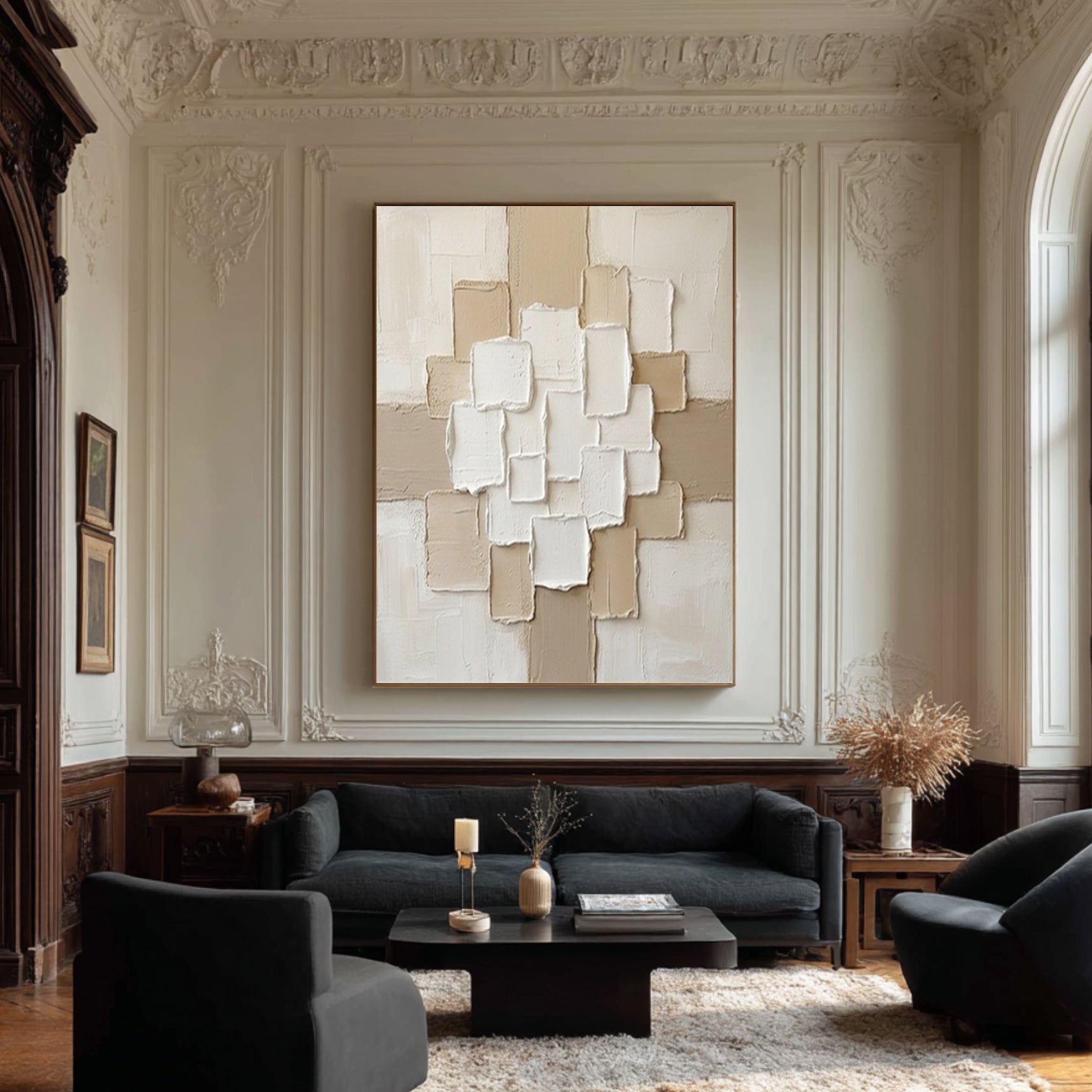 Large Luxury Neutral Textured Canvas Art Beige Geometric Wall Decor