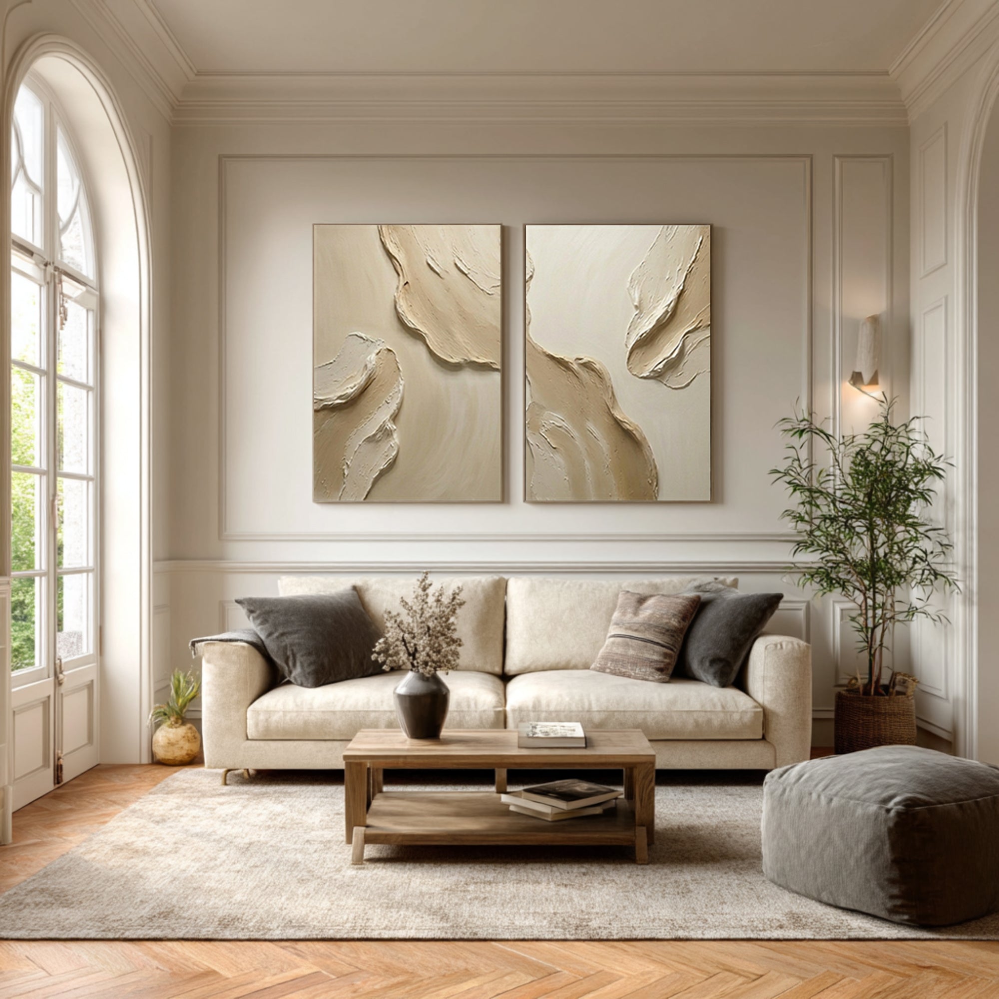 Large Textured Wall Art for Living Room Neutral Diptych Canvas Set