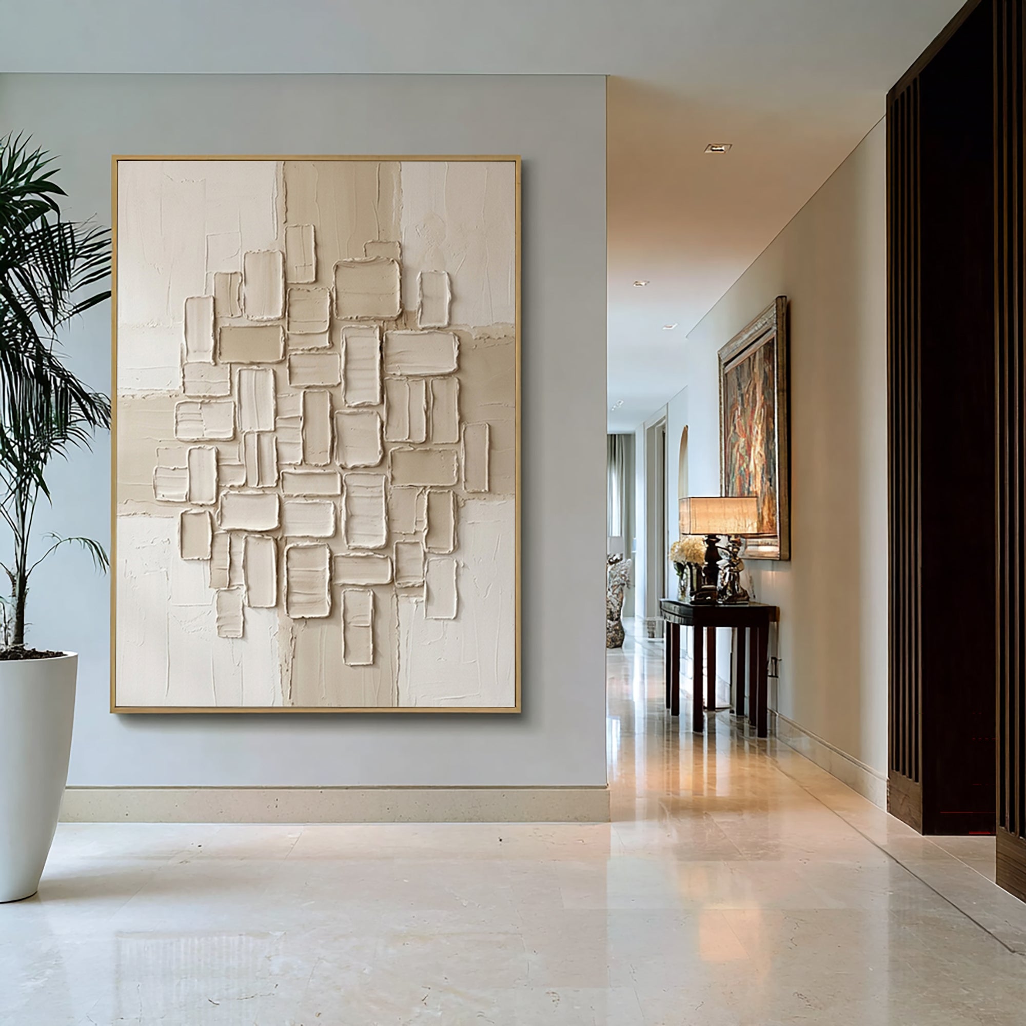 Large Neutral Oil Painting with Abstract Textured Block Composition