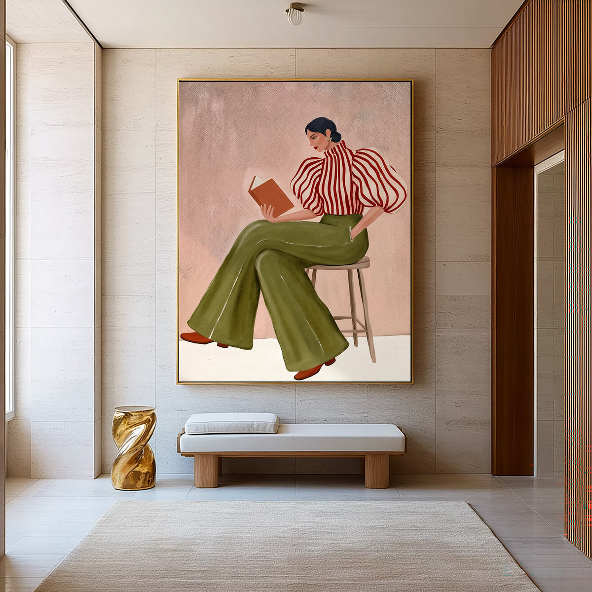 Modern Woman Reading Book Striped Blouse Figurative Painting Wall Art