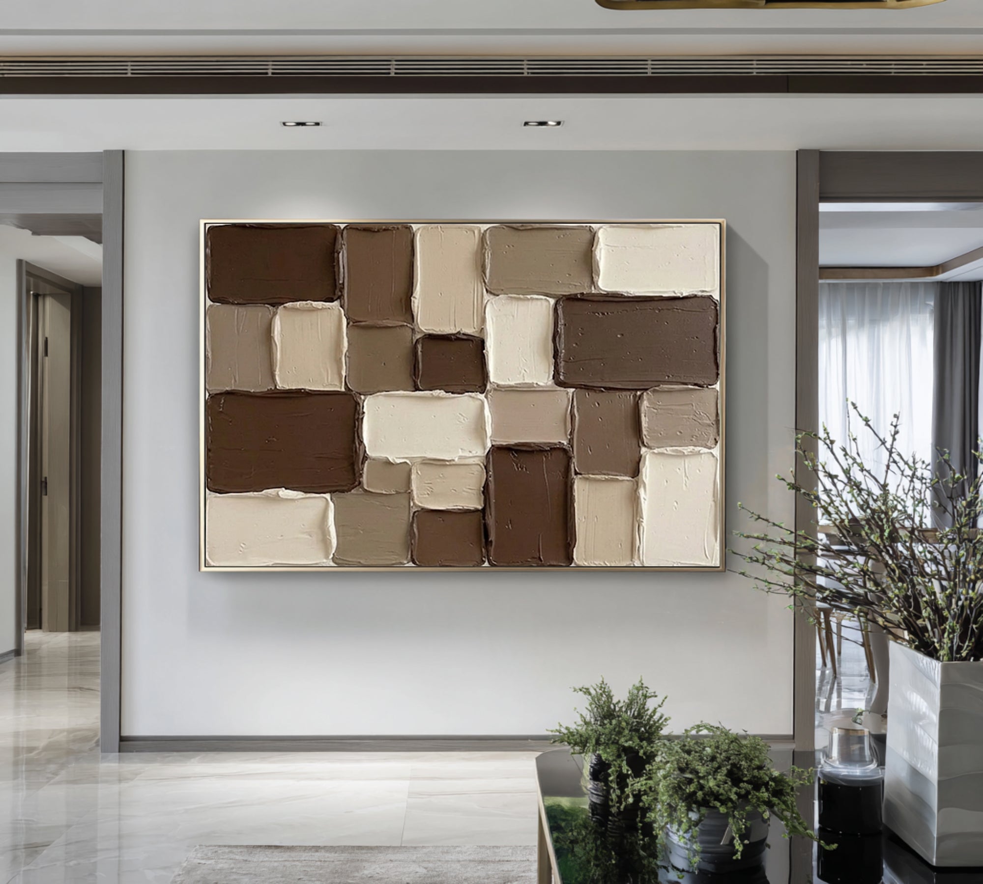 Large Modern Textured Wall Art Brown Beige Geometric Painting