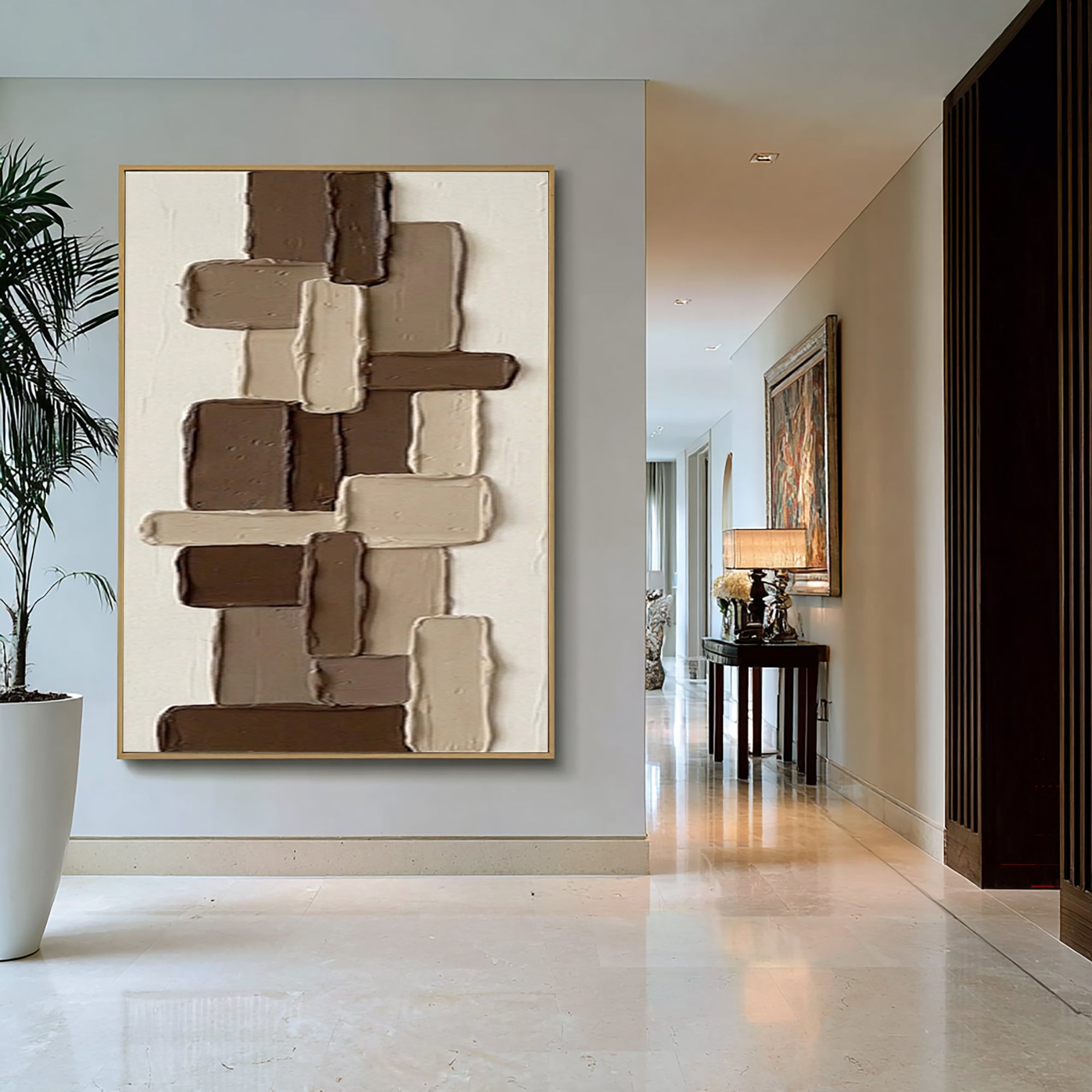Large Contemporary Block Relief Art Brown Neutral Texture Painting