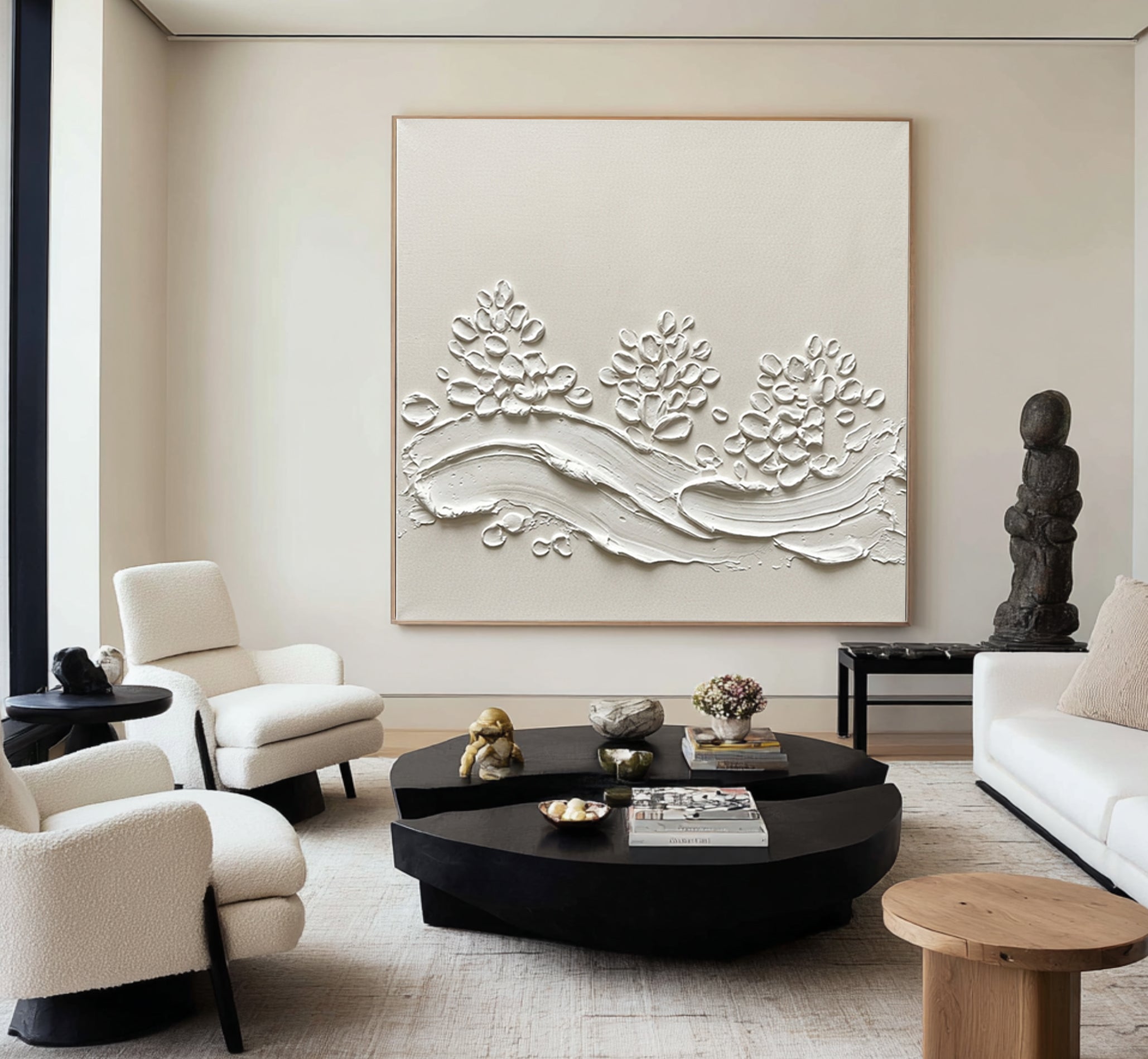 Luxury Floral Relief Wall Art Large Neutral Textured Canvas Painting