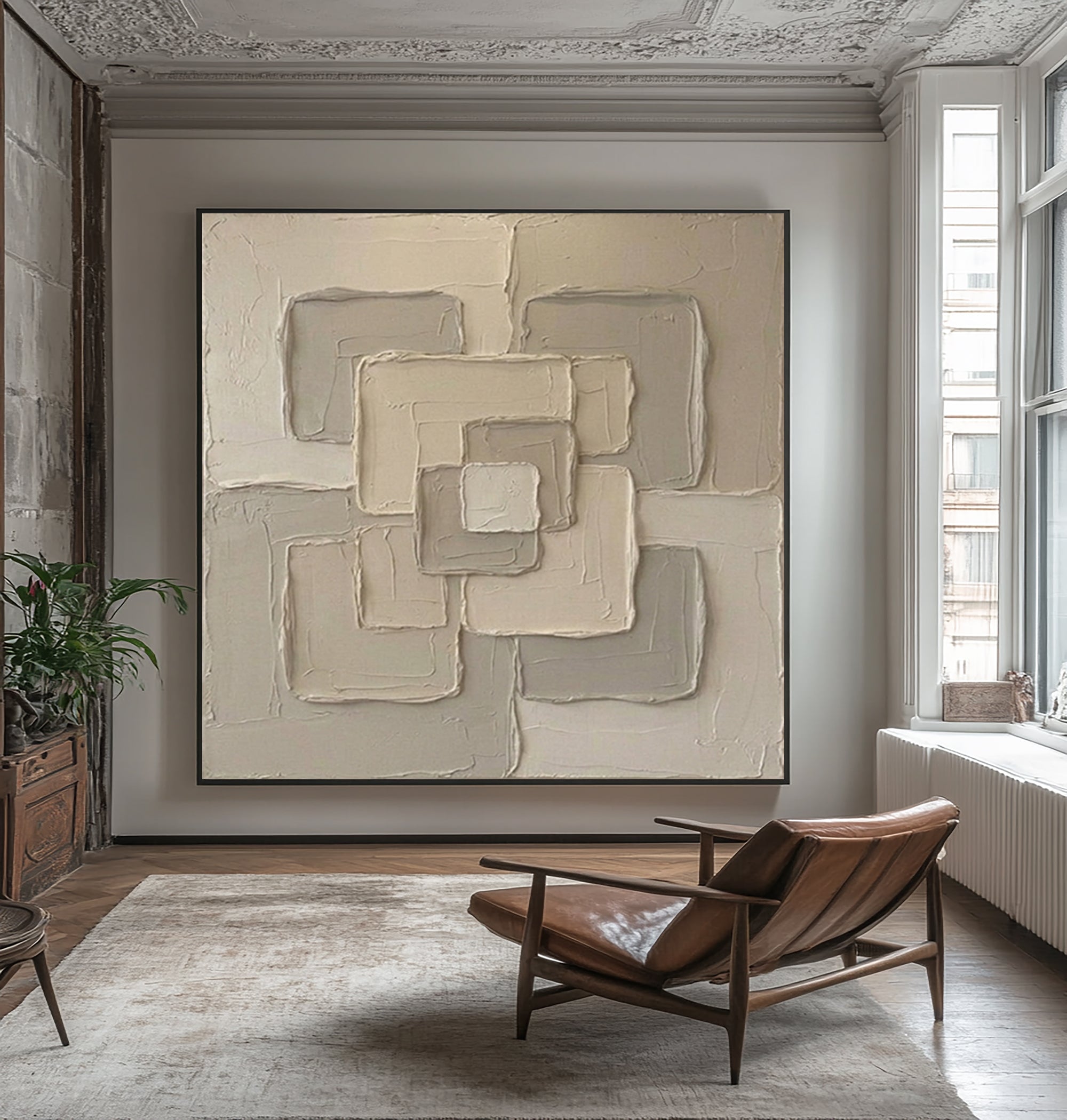 Large Geometric Framework Wall Art Contemporary Neutral Textured Canvas Painting
