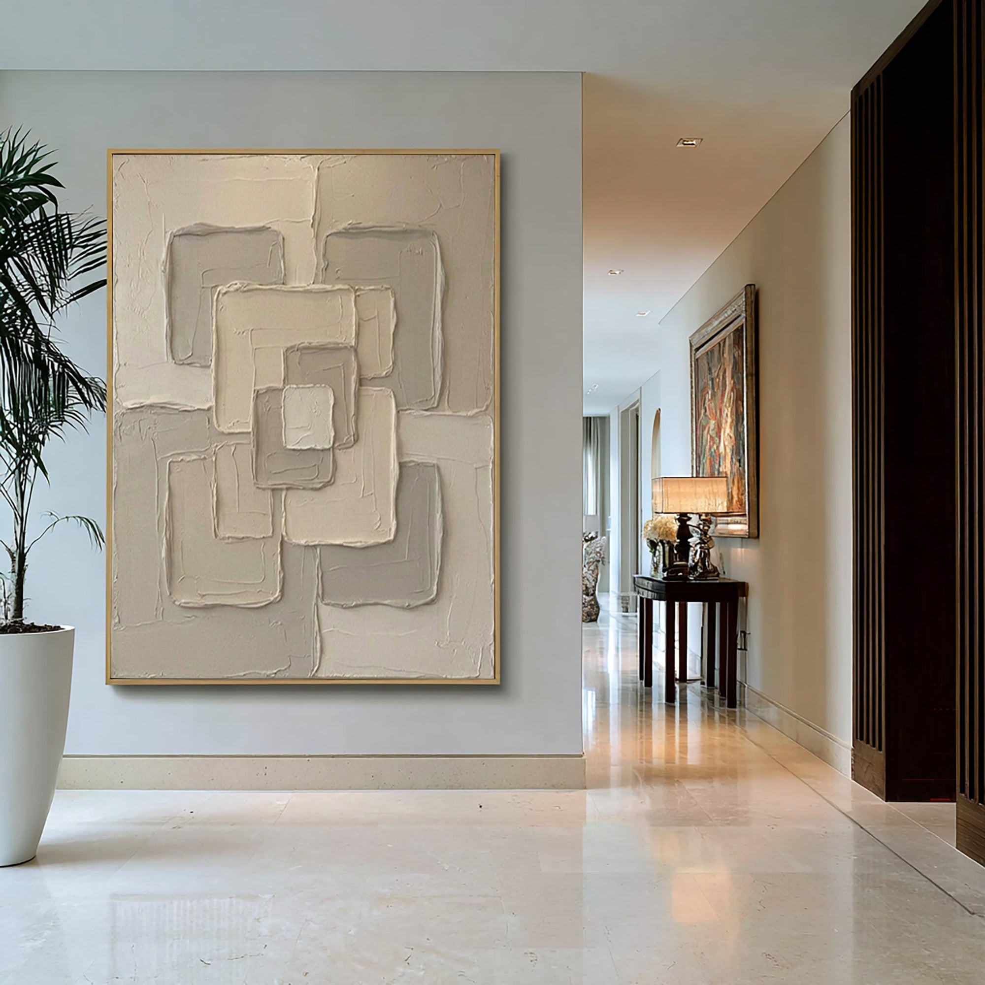 Large Beige Relief Canvas Art Contemporary Geometric Wall Decor
