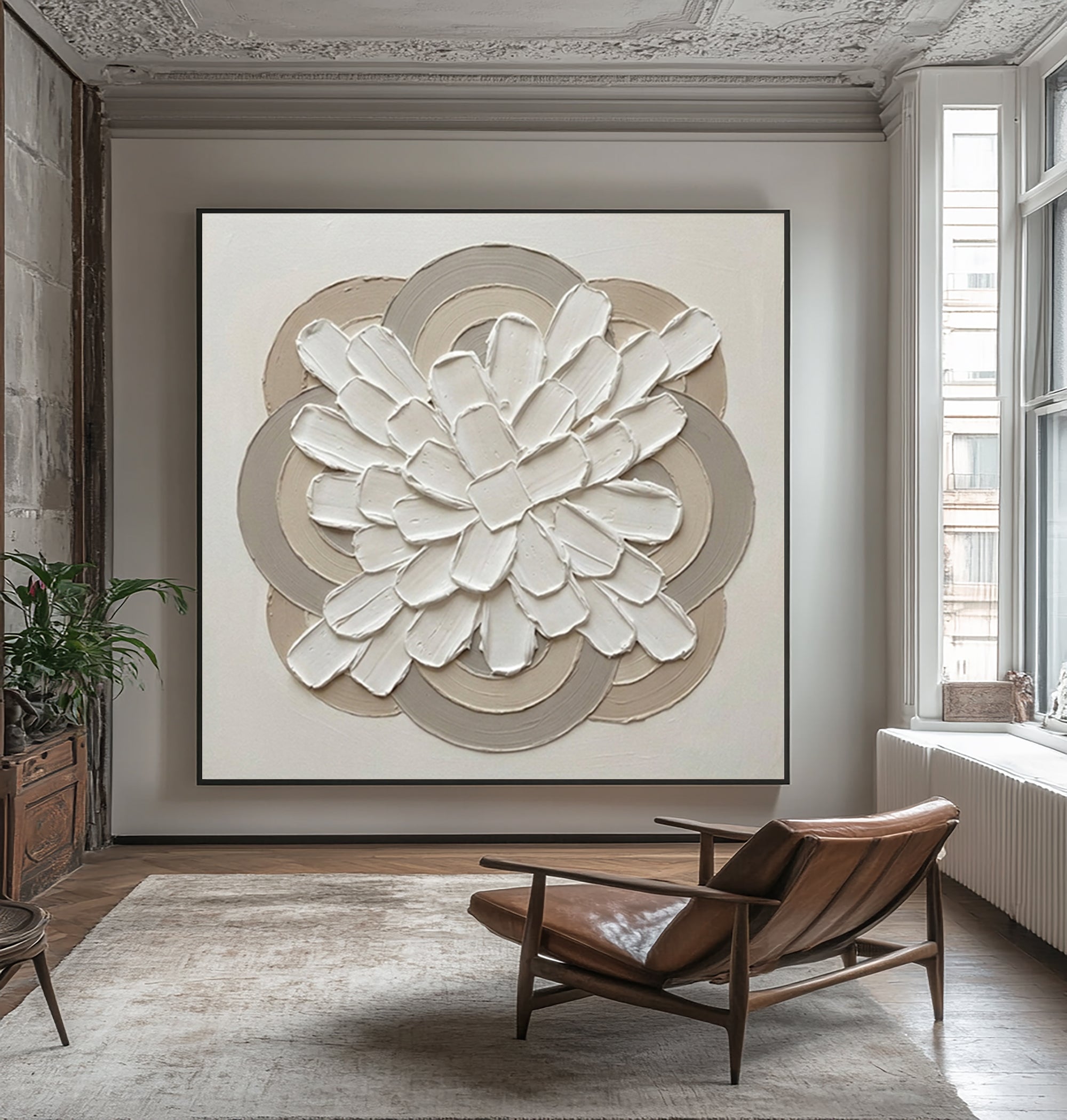 Large Gallery Bloom Circle Wall Art Luxury Neutral Floral Relief Painting