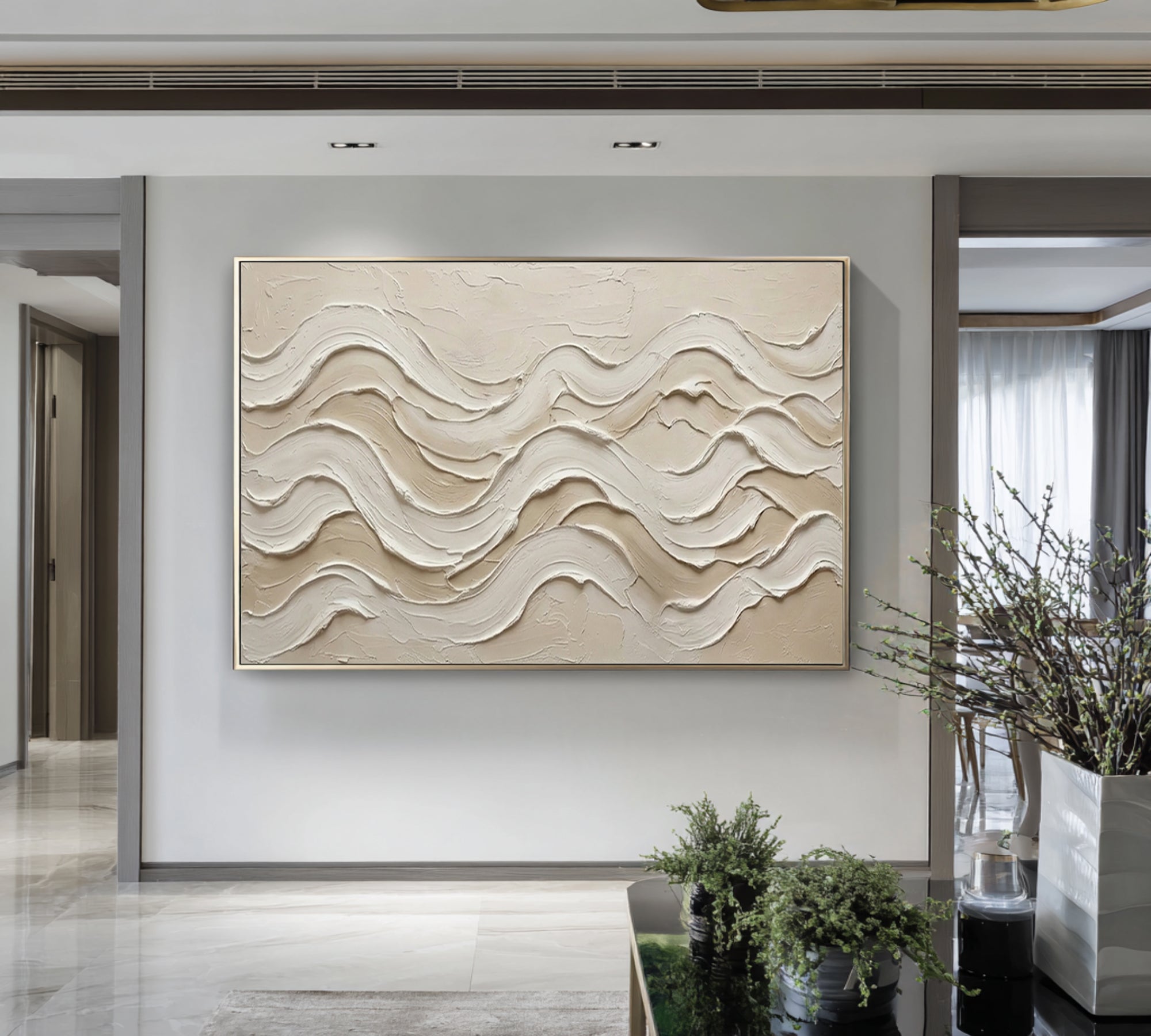 Modern Coastal Abstract Painting Textured Beige Wall Decor
