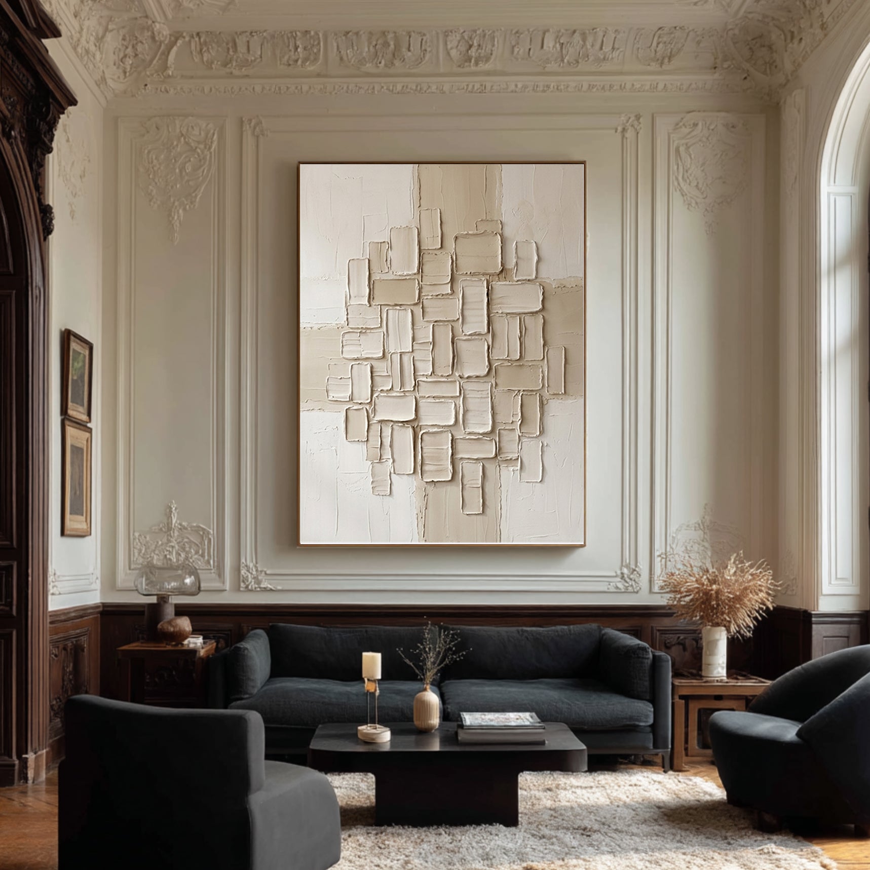 Large Neutral Oil Painting with Abstract Textured Block Composition