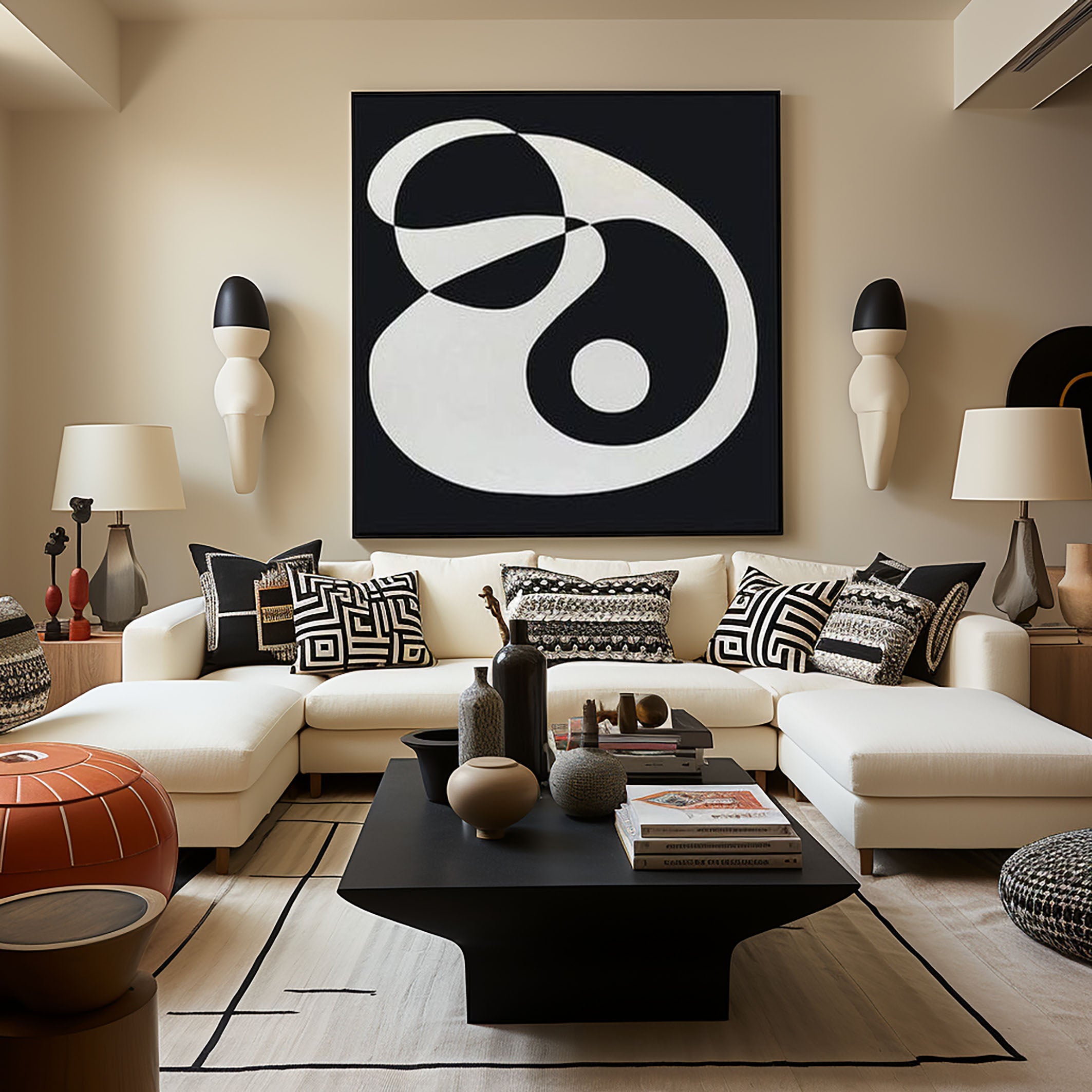 Monochrome Fluidity Modern Black & White Circular Art #MM079