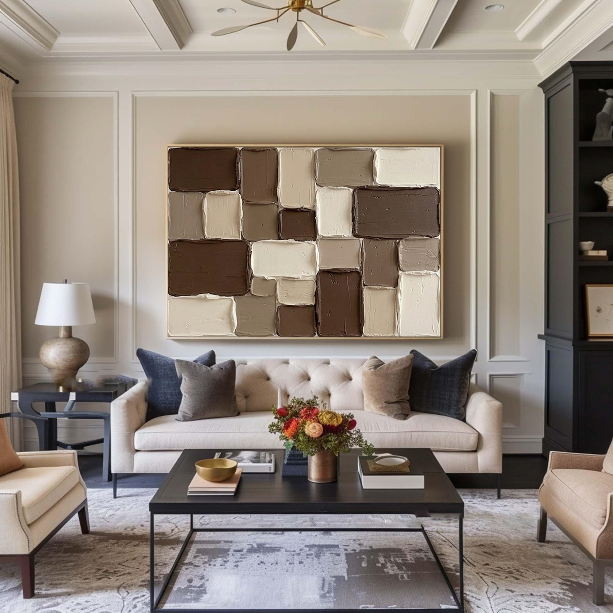 Large Modern Textured Wall Art Brown Beige Geometric Painting