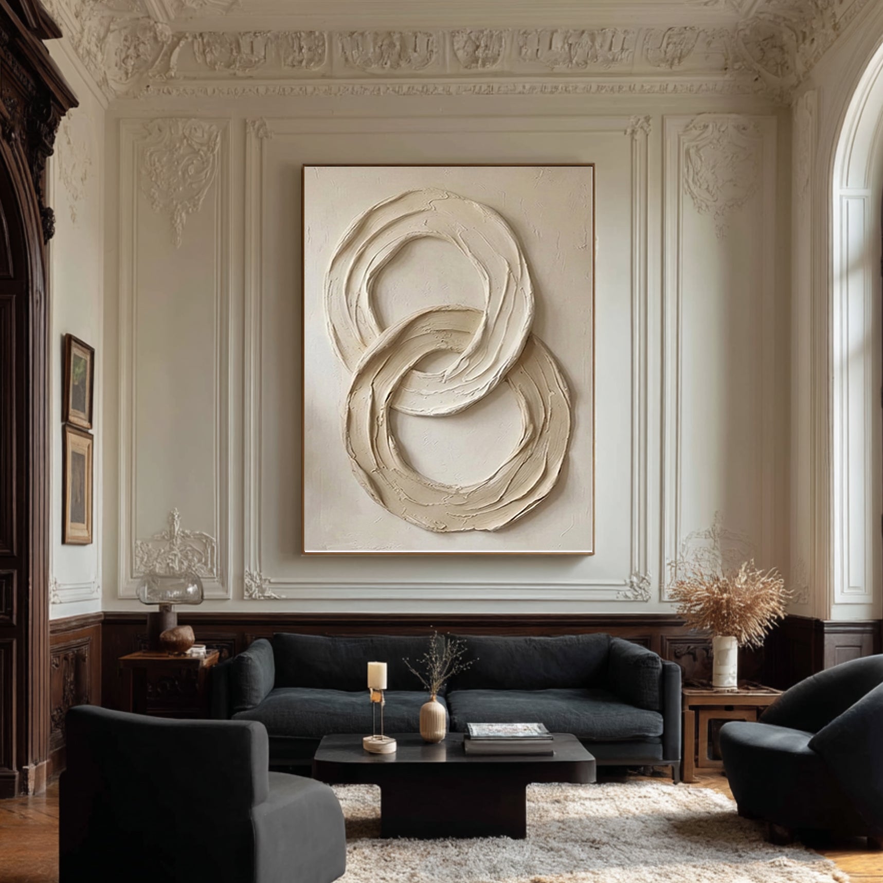Large Neutral Relief Painting with Organic Circular Brush Texture