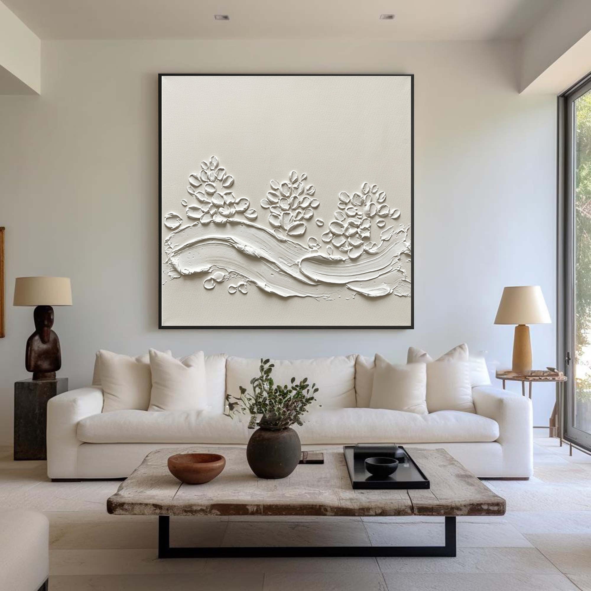 Luxury Floral Relief Wall Art Large Neutral Textured Canvas Painting