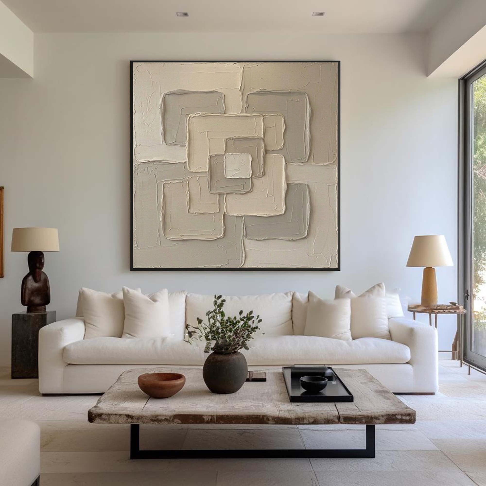 Large Geometric Framework Wall Art Contemporary Neutral Textured Canvas Painting