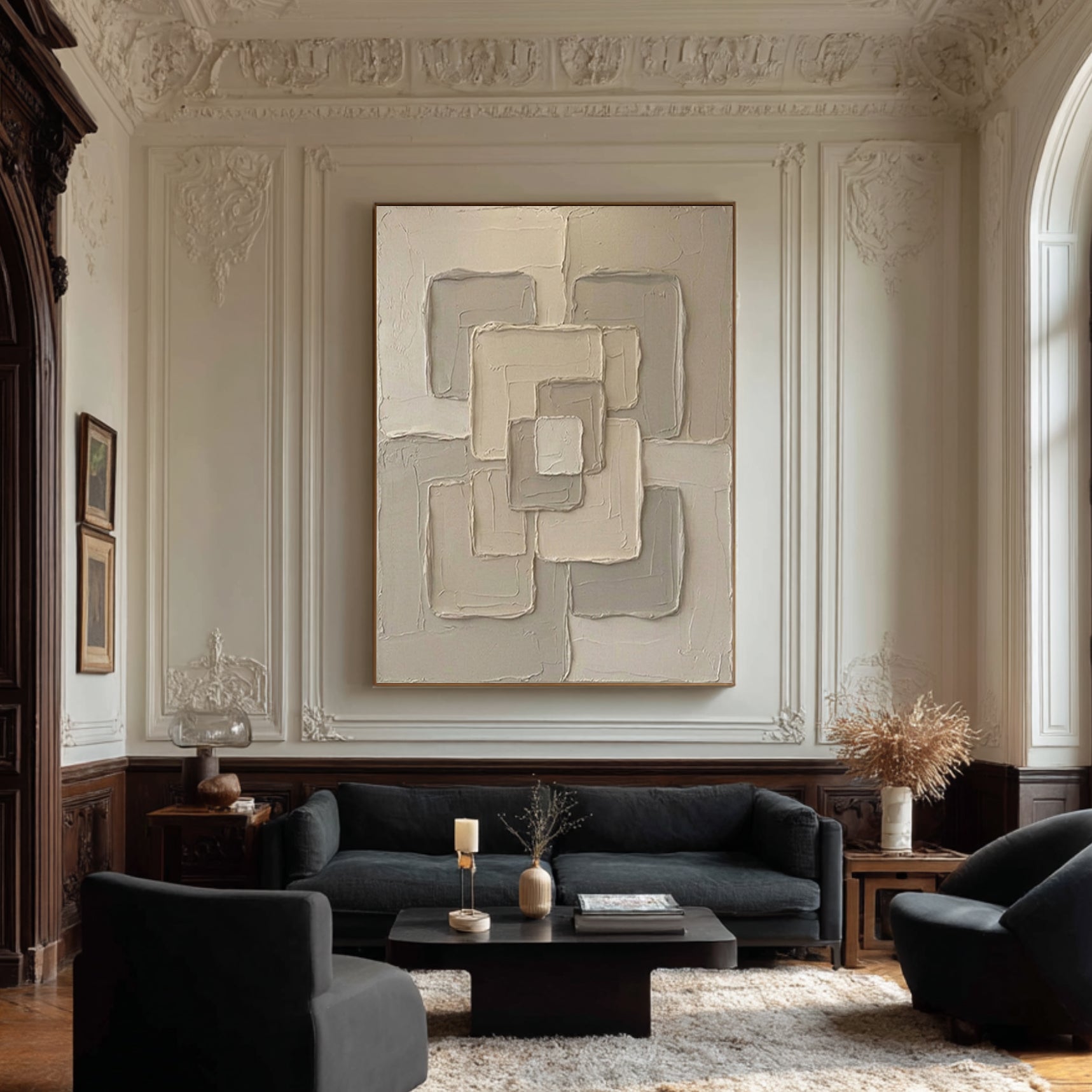 Large Beige Relief Canvas Art Contemporary Geometric Wall Decor