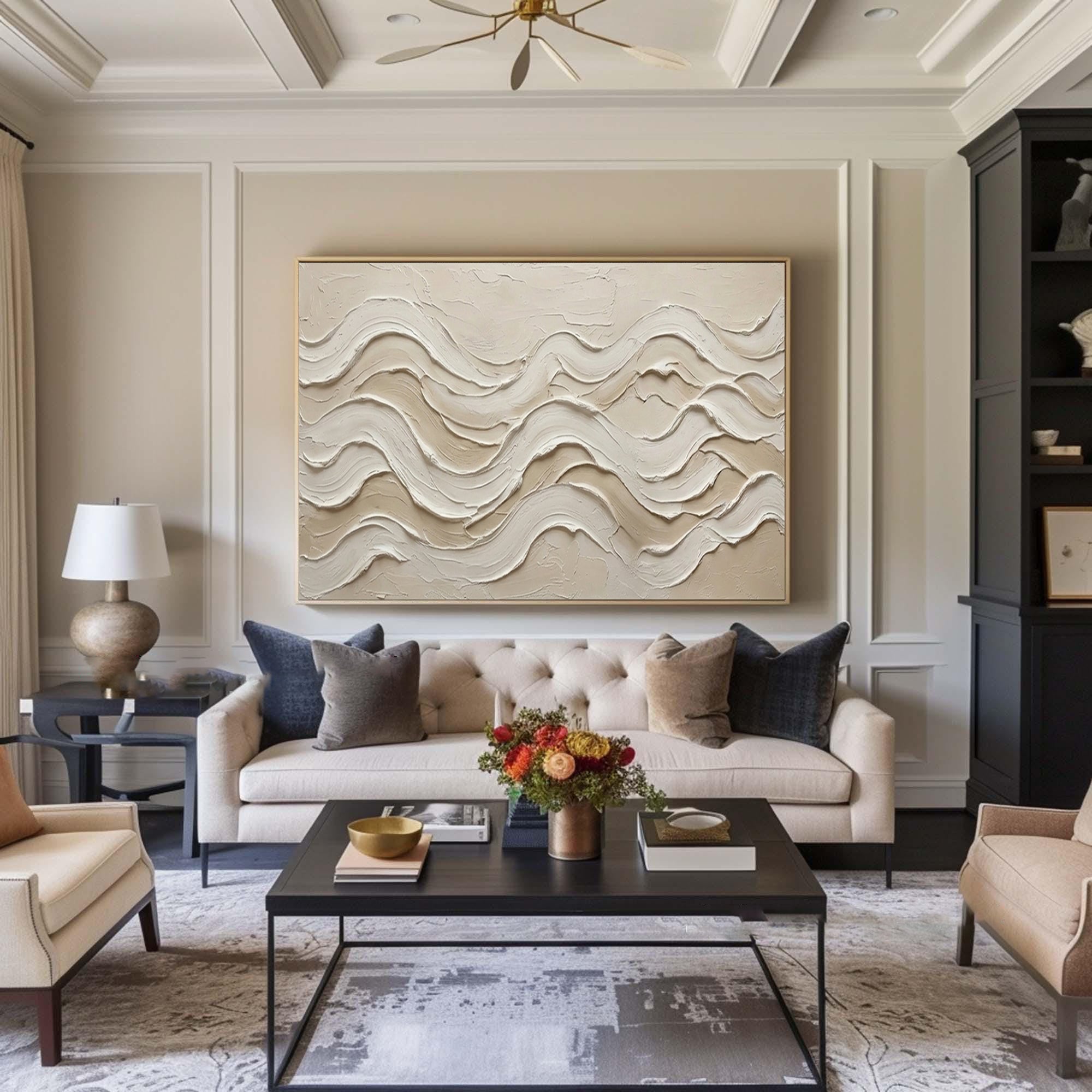 Modern Coastal Abstract Painting Textured Beige Wall Decor