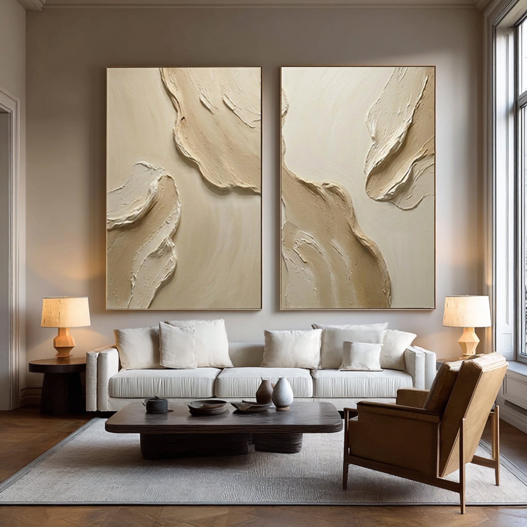 Large Textured Wall Art for Living Room Neutral Diptych Canvas Set