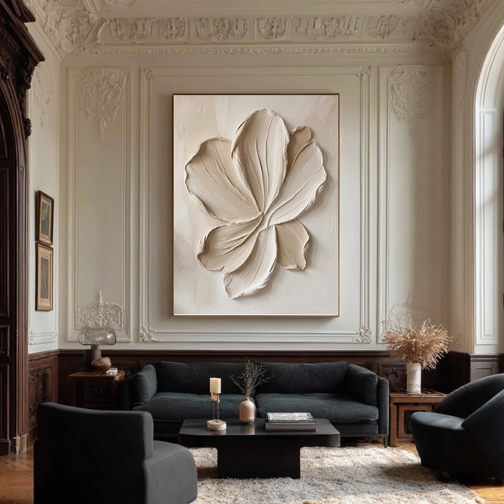 Large Sculptural Botanical Canvas Art White Textured Wall Decor