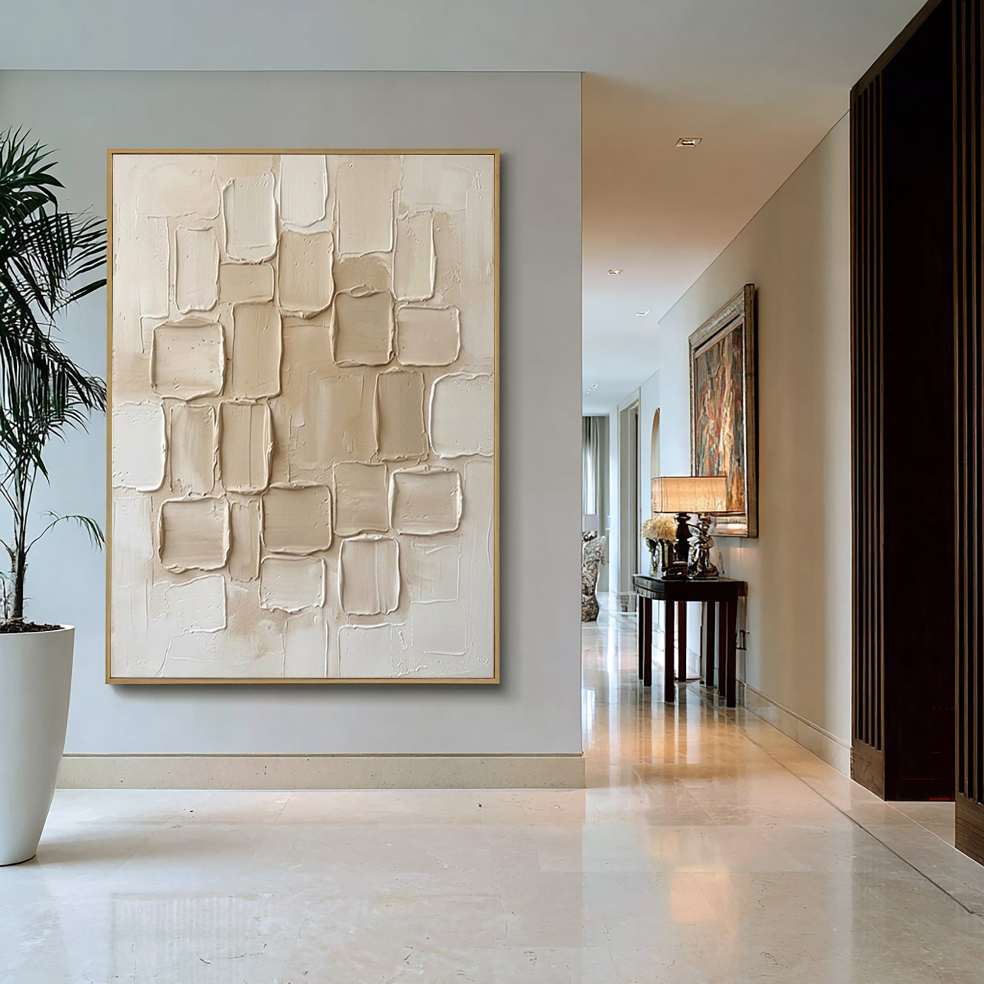 Large Ivory Collage Textured Canvas Art Luxury Neutral Wall Decor