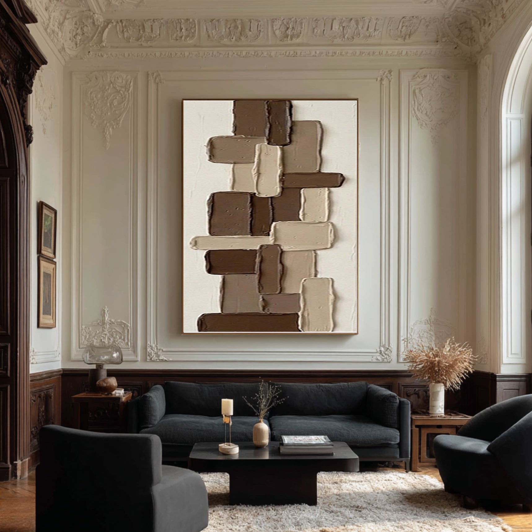 Large Contemporary Block Relief Art Brown Neutral Texture Painting
