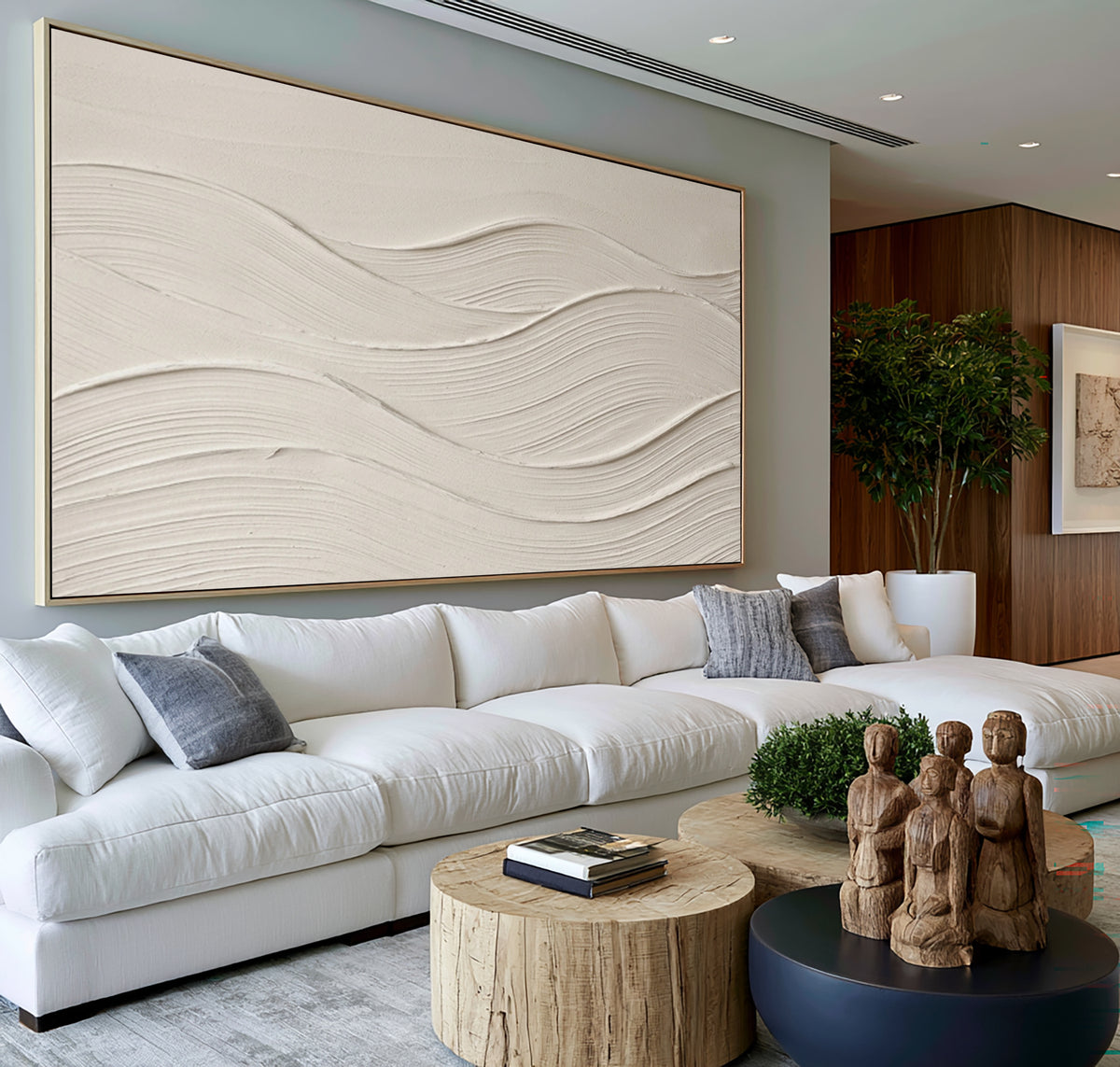 Large Modern Abstract Flowing Waves Wall Art White Textured Oil Painting Minimalist Neutral Coastal Artwork Contemporary Home Decor 