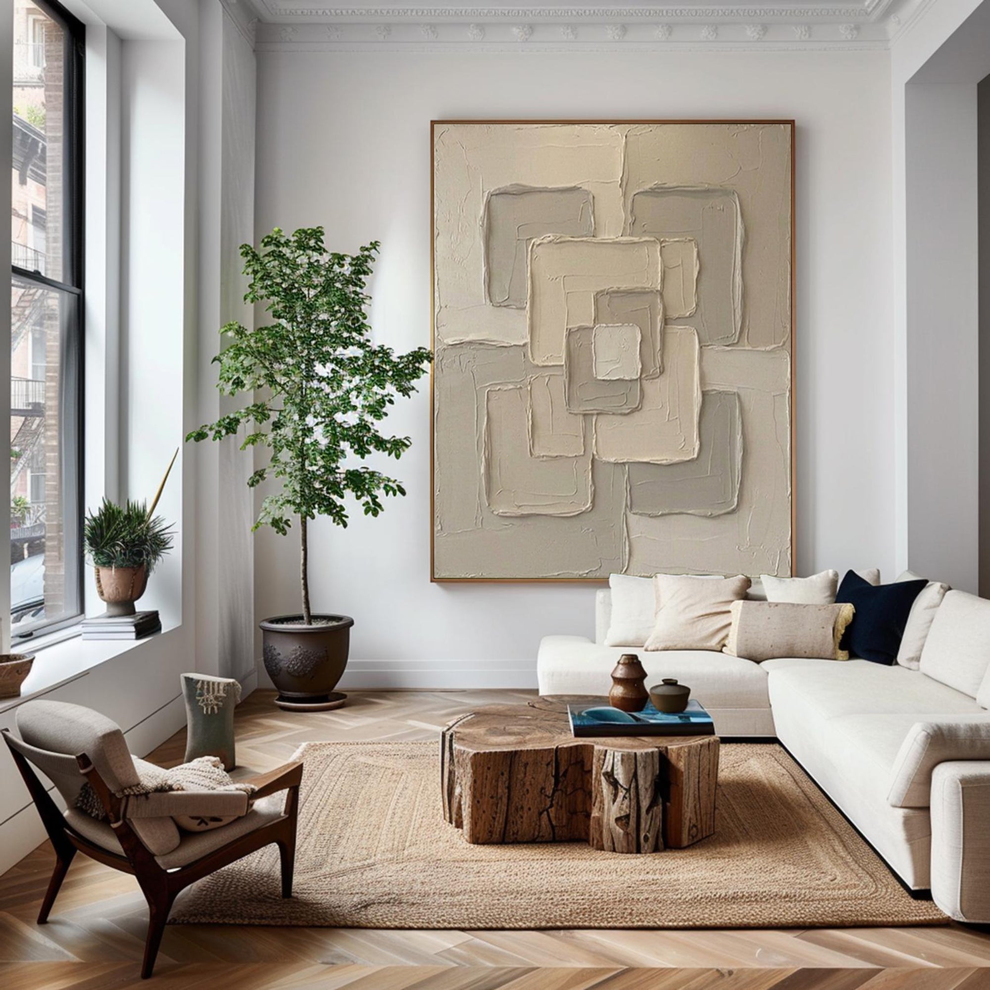 Large Beige Relief Canvas Art Contemporary Geometric Wall Decor