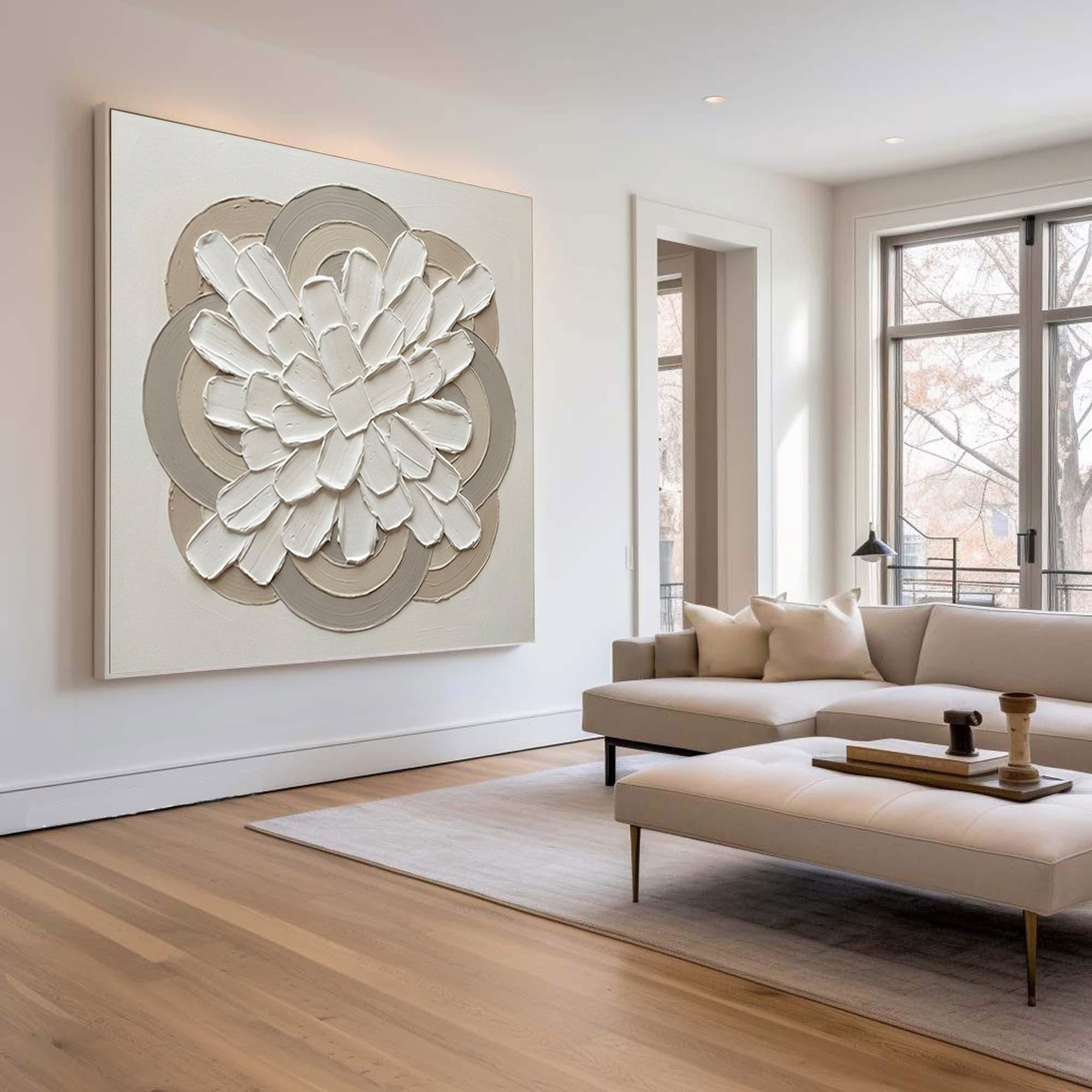 Large Gallery Bloom Circle Wall Art Luxury Neutral Floral Relief Painting