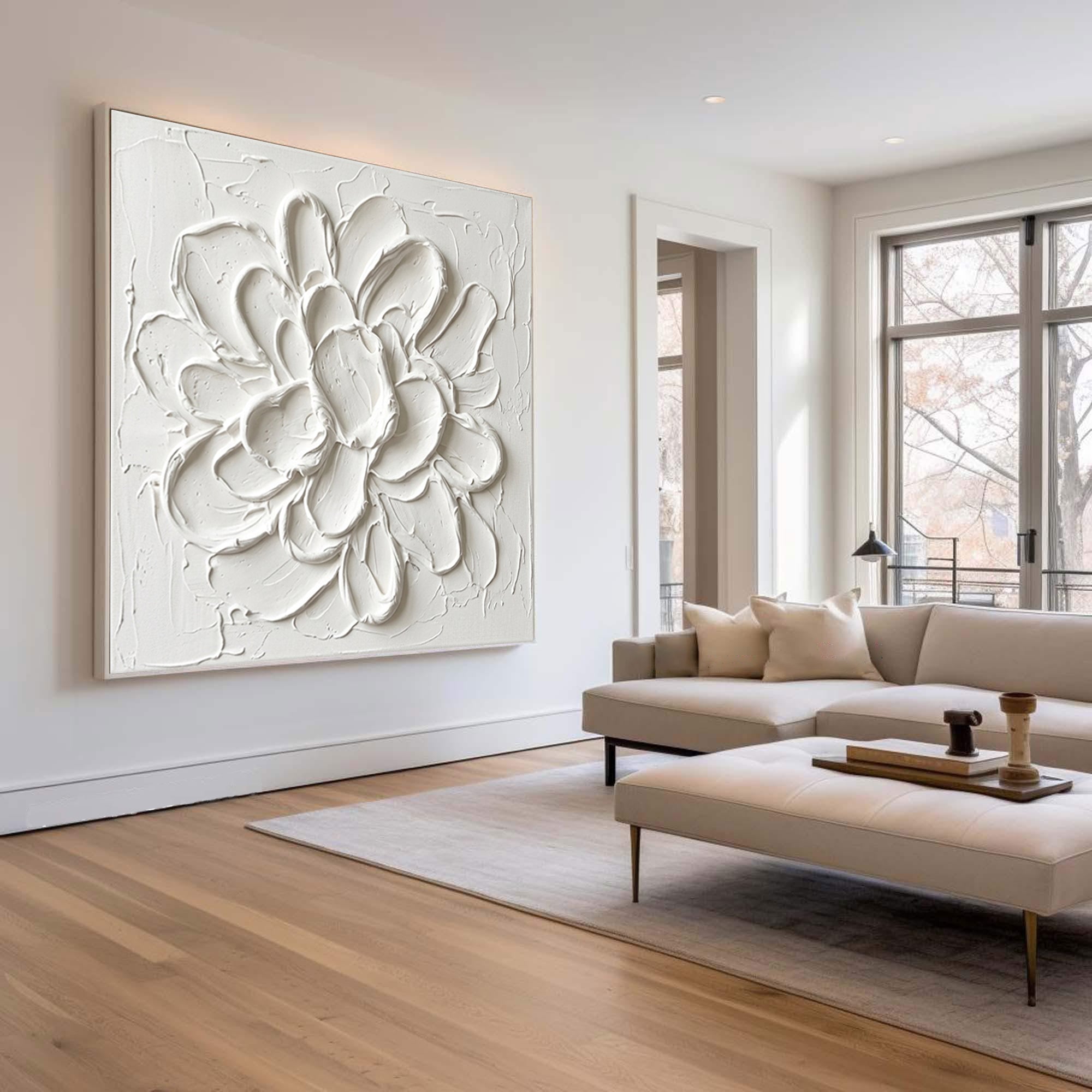 Large White Petal Textured Canvas Art Modern Floral Wall Decor