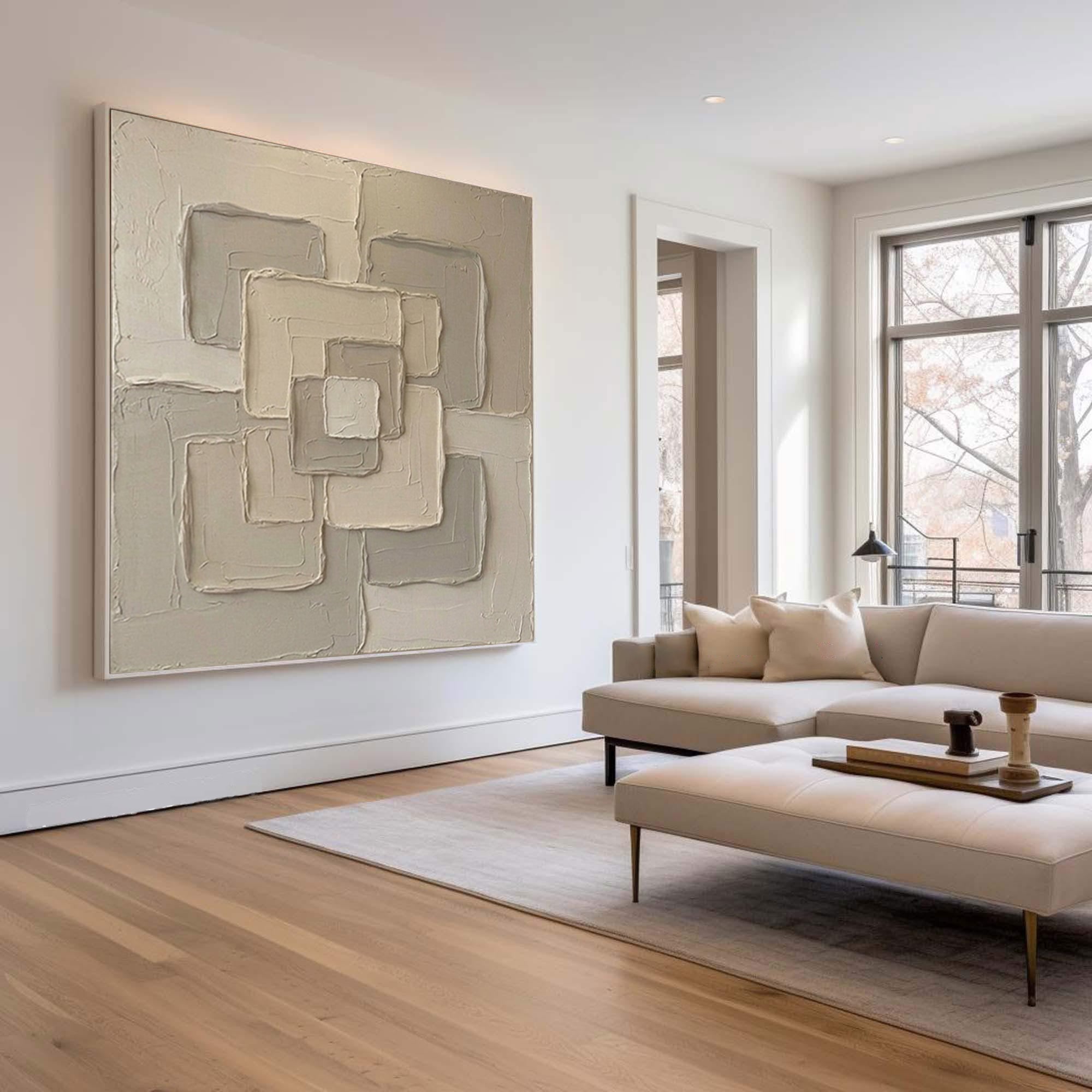 Large Geometric Framework Wall Art Contemporary Neutral Textured Canvas Painting