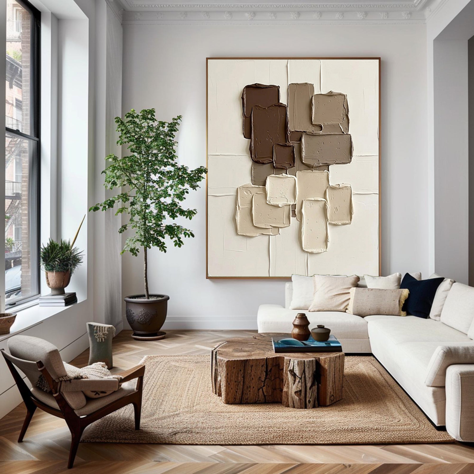 Large Warm Mocha Geometric Wall Art Textured Contemporary Decor