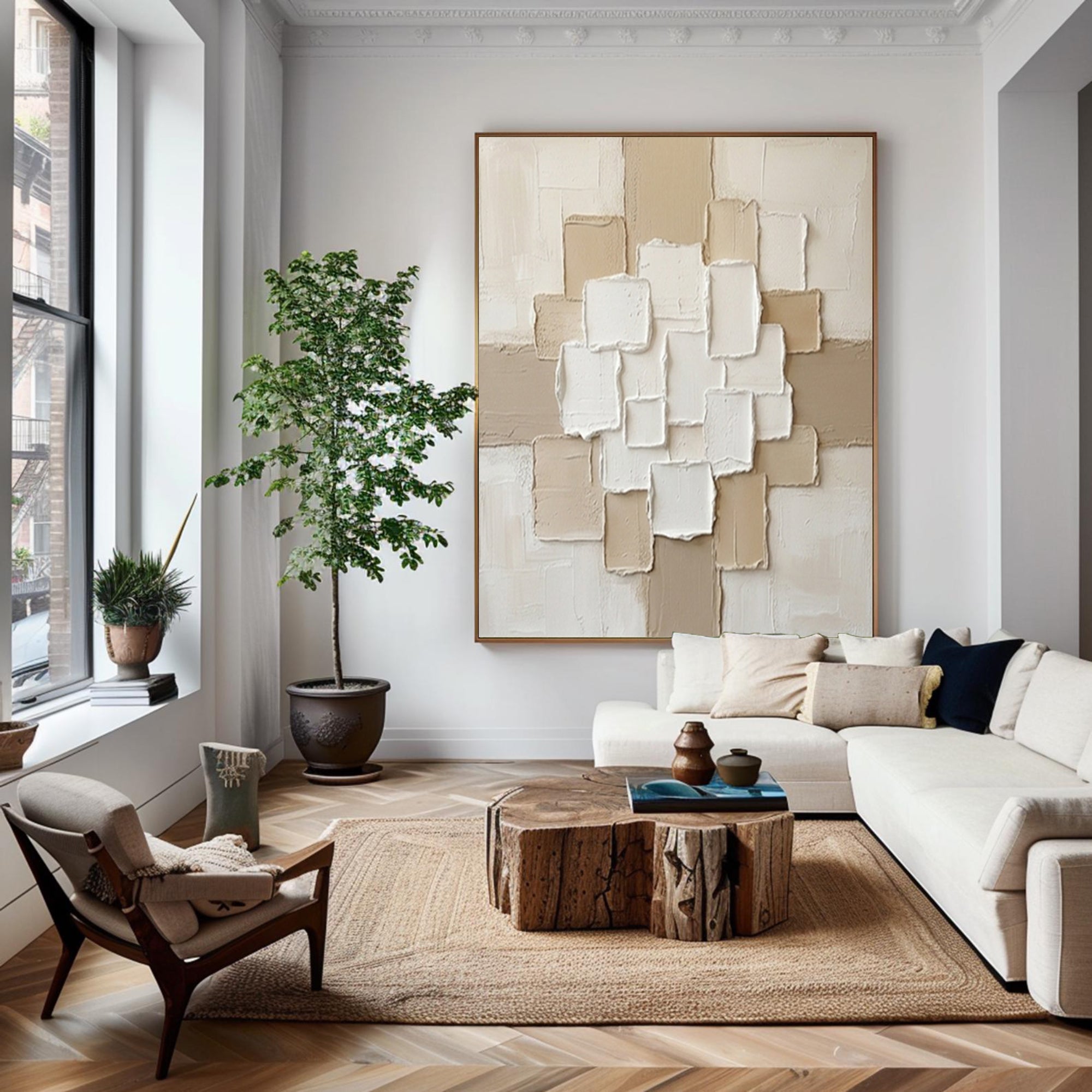 Large Luxury Neutral Textured Canvas Art Beige Geometric Wall Decor
