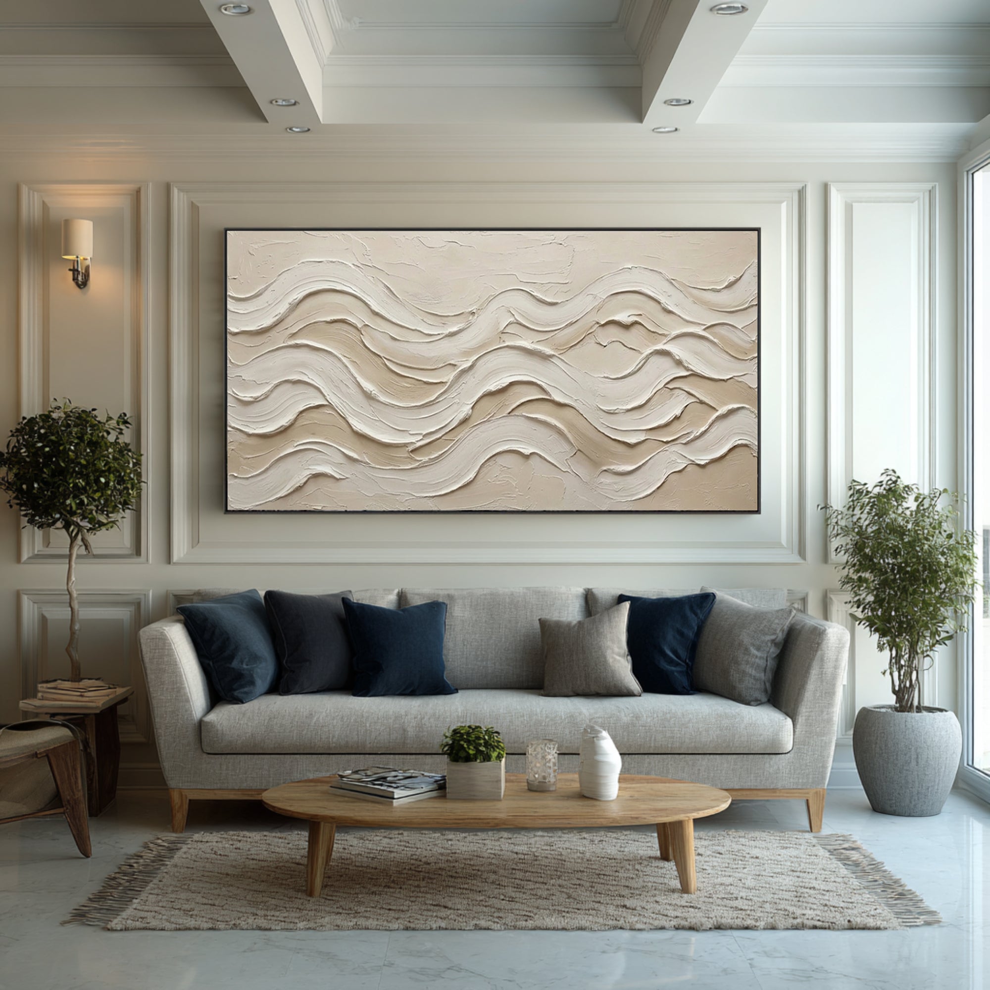 Modern Coastal Abstract Painting Textured Beige Wall Decor