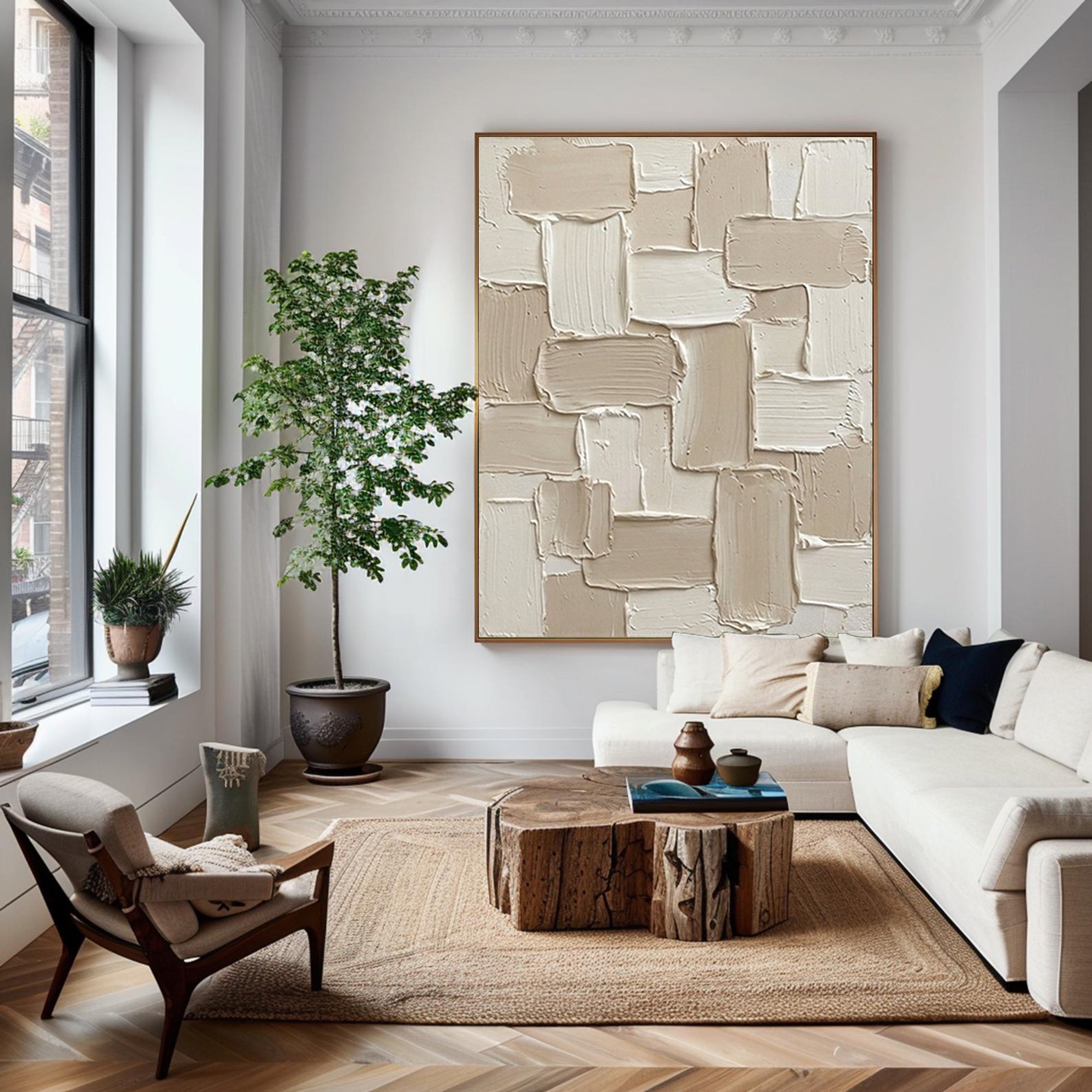 Large Neutral Textured Oil Painting for Luxury Modern Home Decor