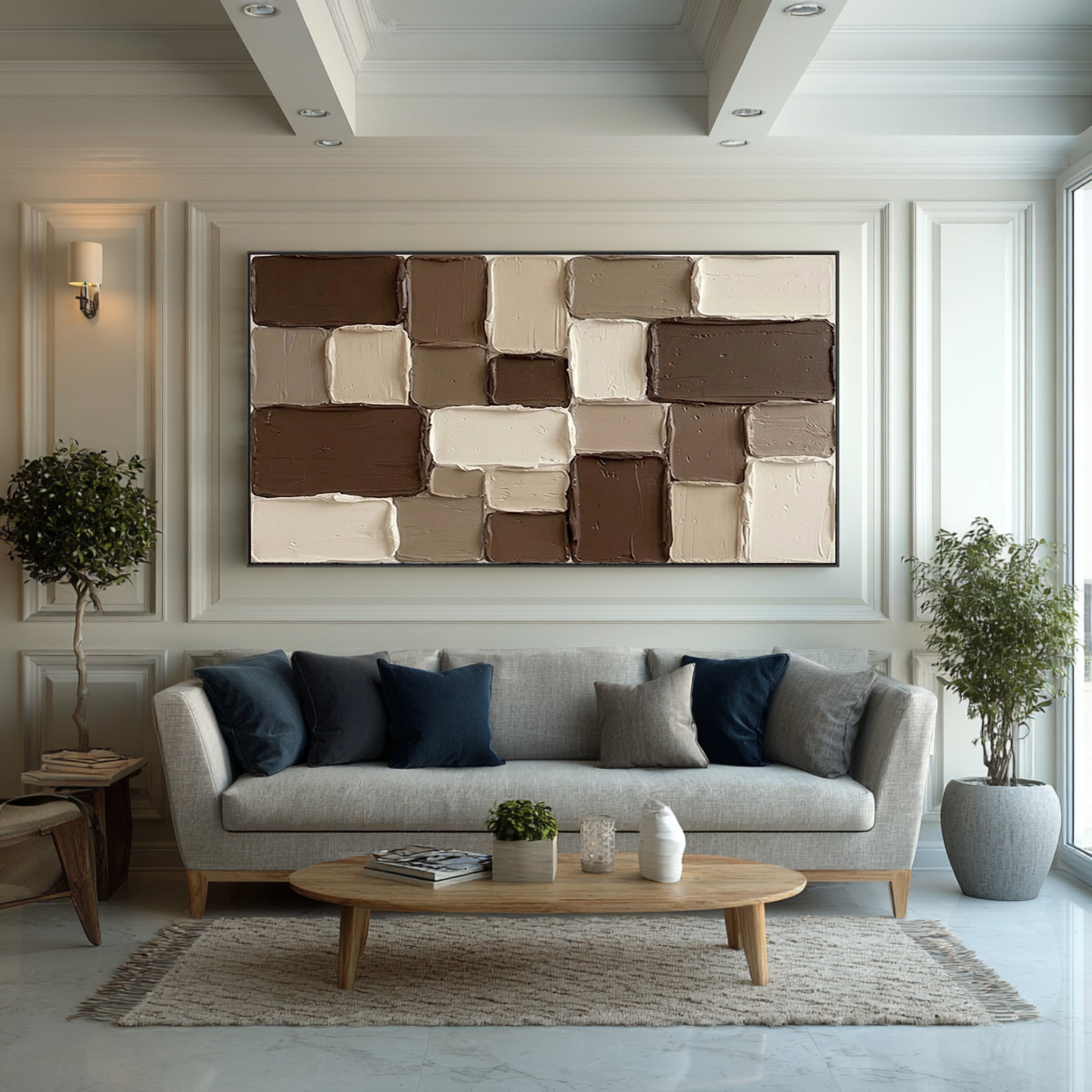 Large Modern Textured Wall Art Brown Beige Geometric Painting