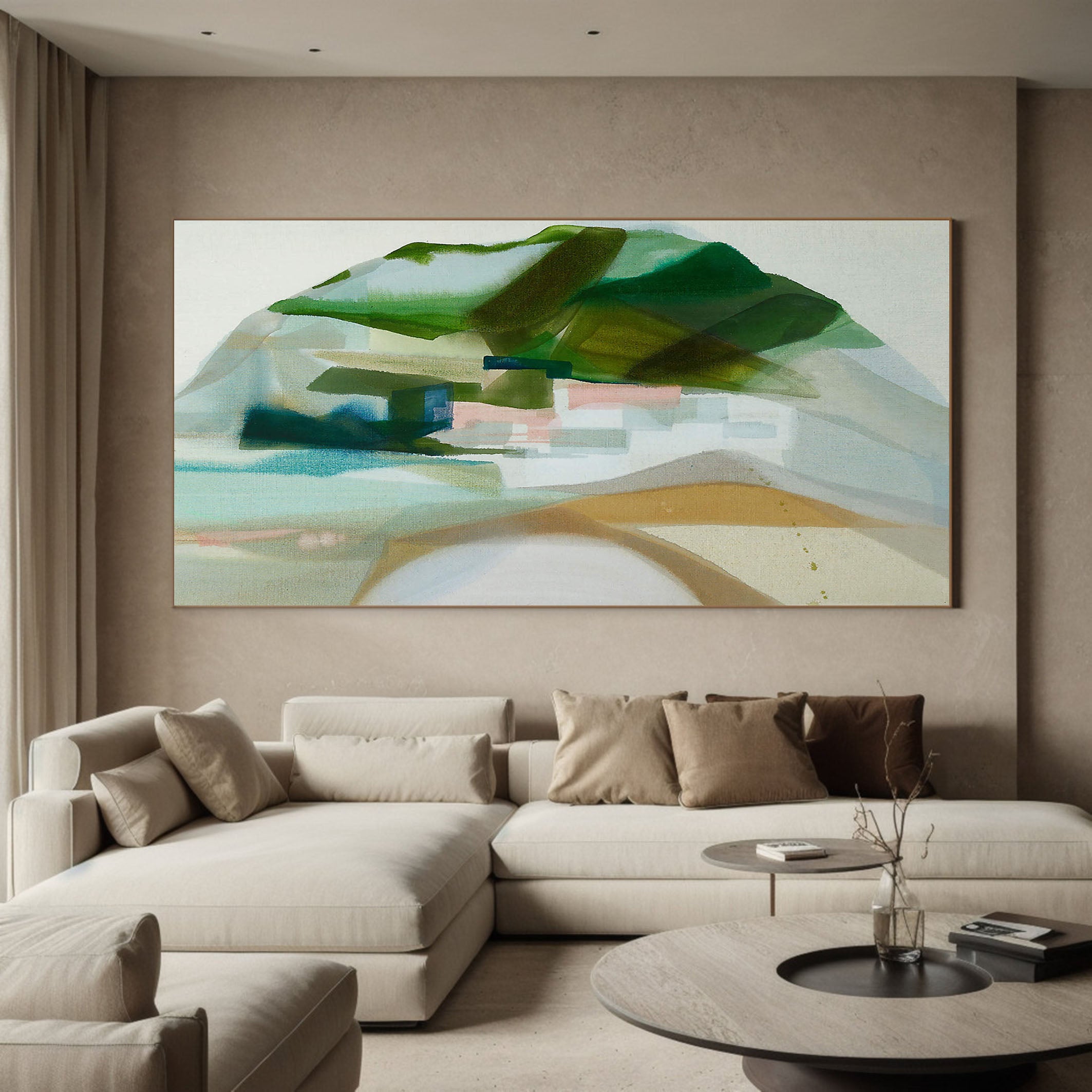 Large Muted Green and Beige Landscape Abstract Wall Art #MM370