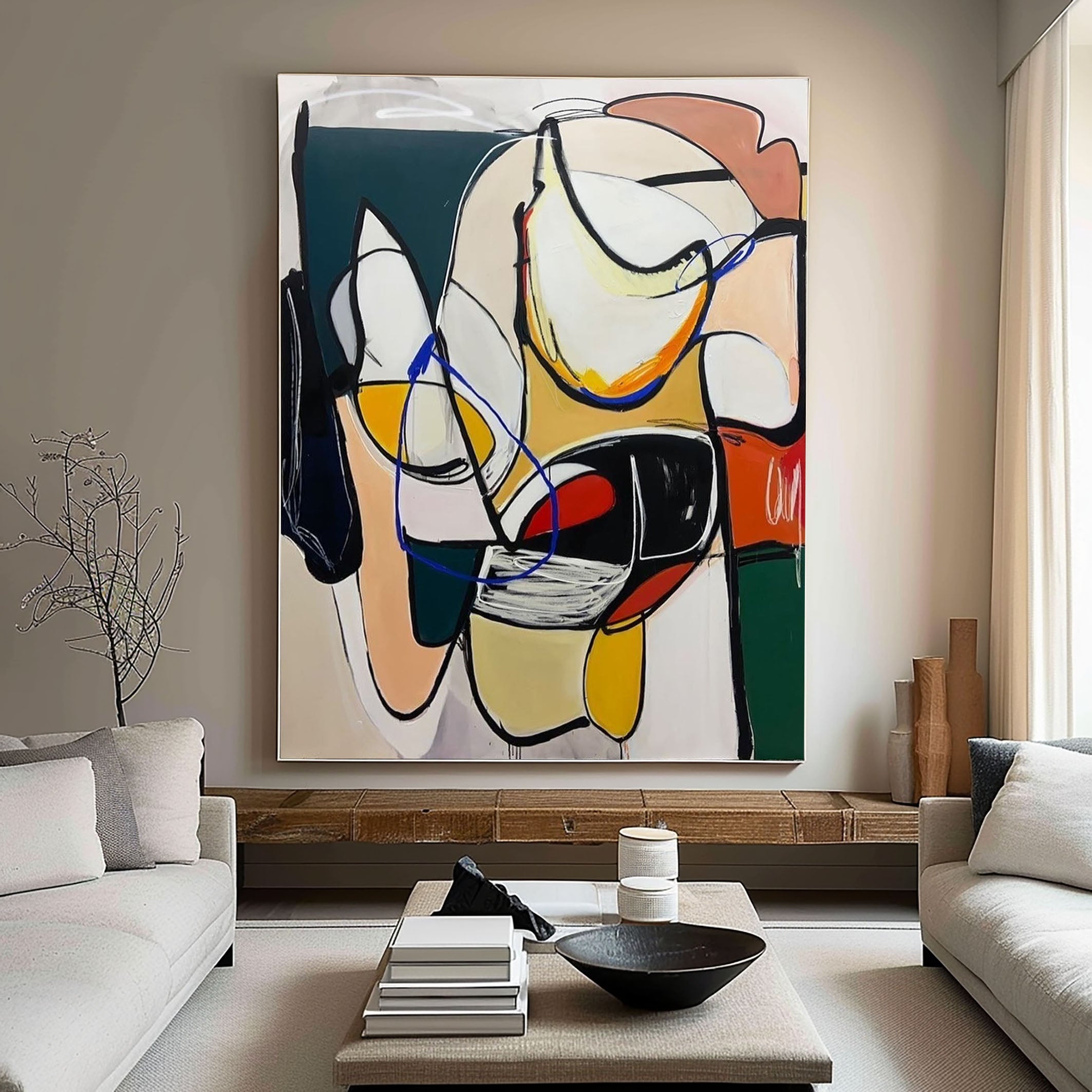 Large Abstract Wall Art Mid Century Bold Color Palette