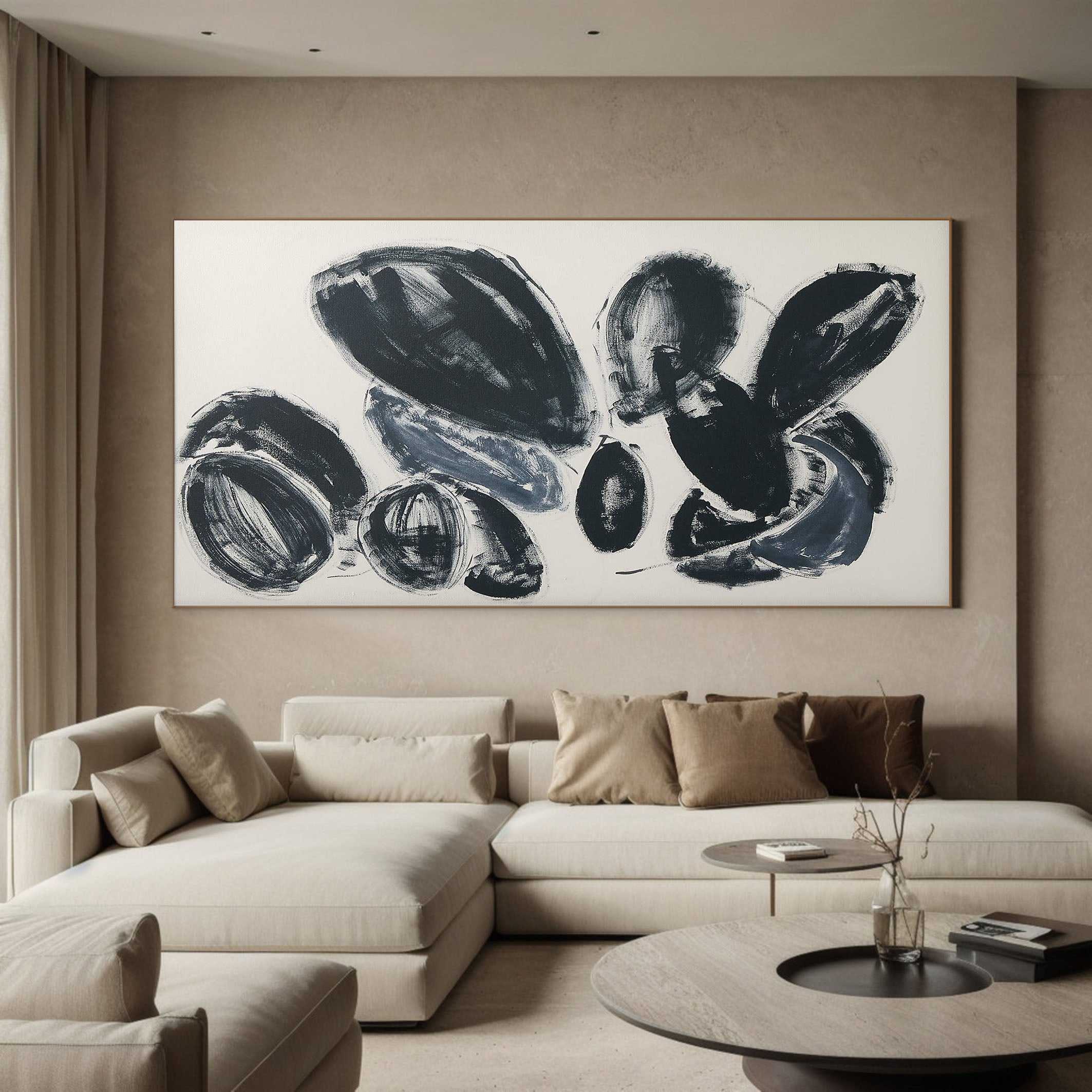 Horizontal Abstract with Dark Rounded Forms, Contemporary Art #MM364